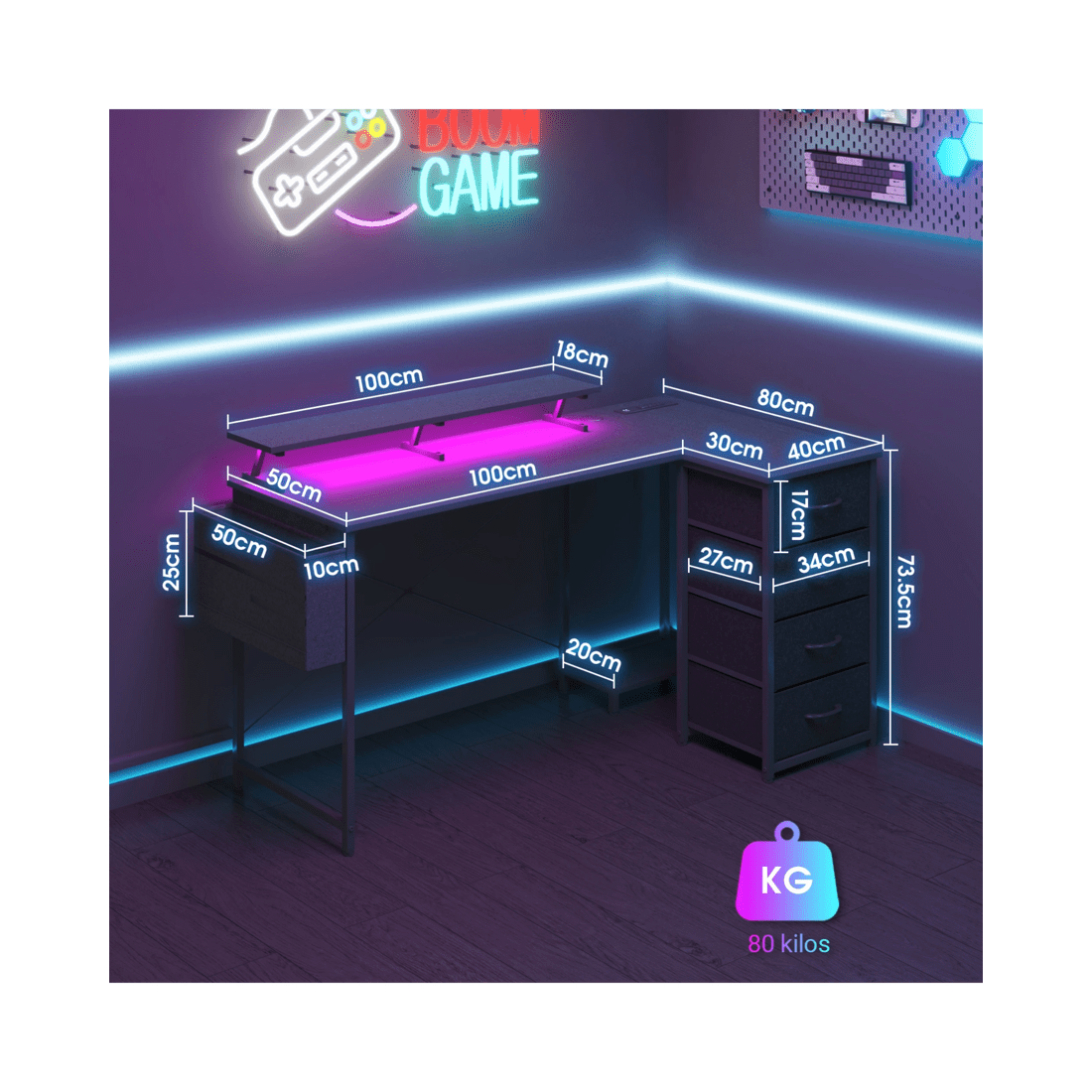 2 Advwin L Shaped Gaming Desk 140cm With Led Lights & Power Outlets Convertible Computer Desk With Monitor Stand Black, 2 of 10