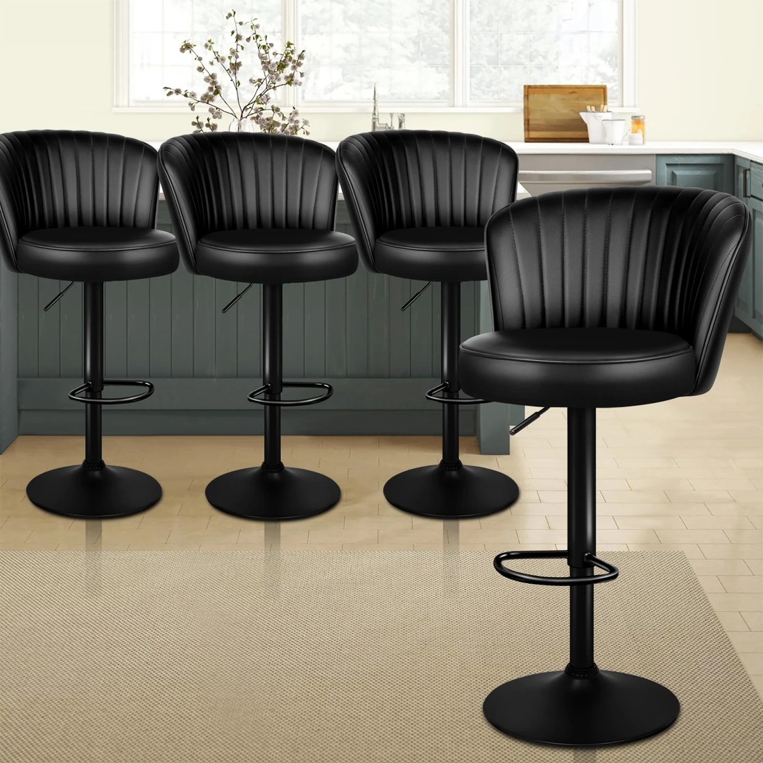 2 Alfordson 4x Bar Stools Gas Lift Leather Bar Chairs Kitchen Swivel - Black, 2 of 9