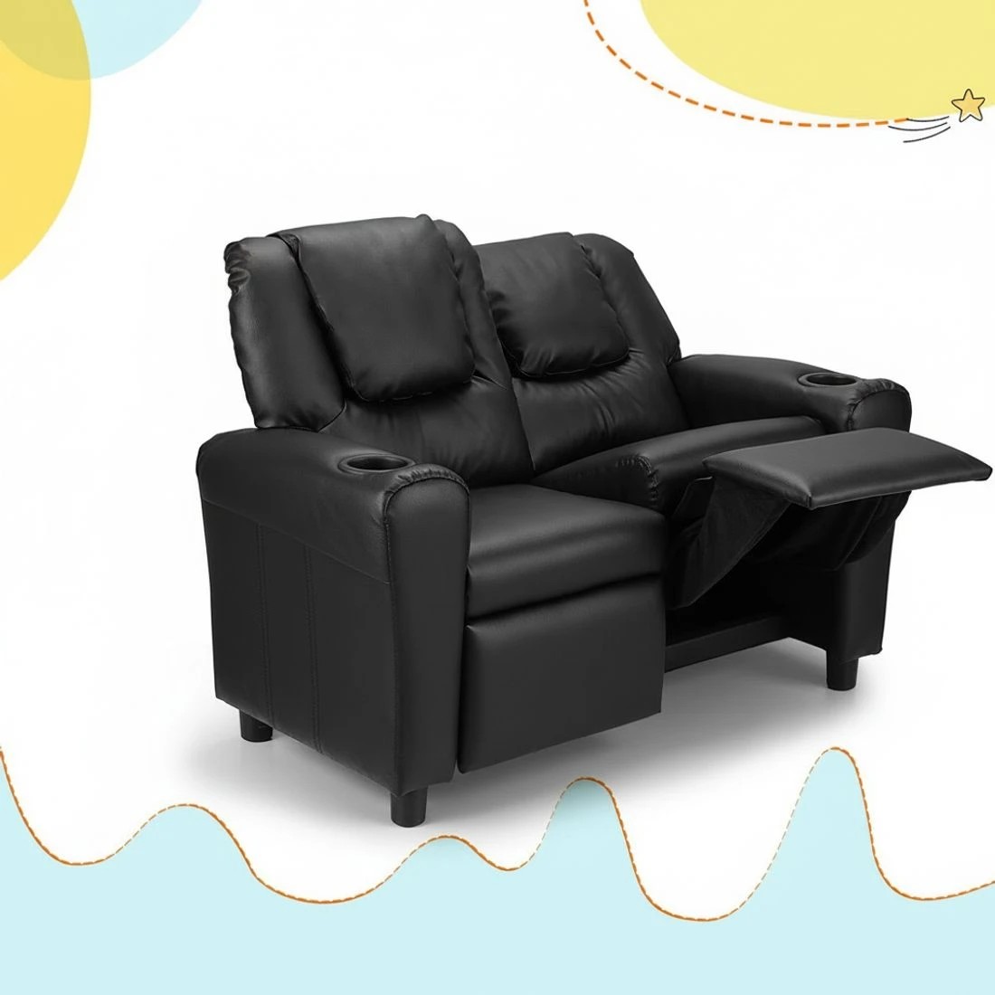 3 Keezi Kids Recliner Chair Double PU Leather Sofa Lounge Couch Armchair - Black, 3 of 5