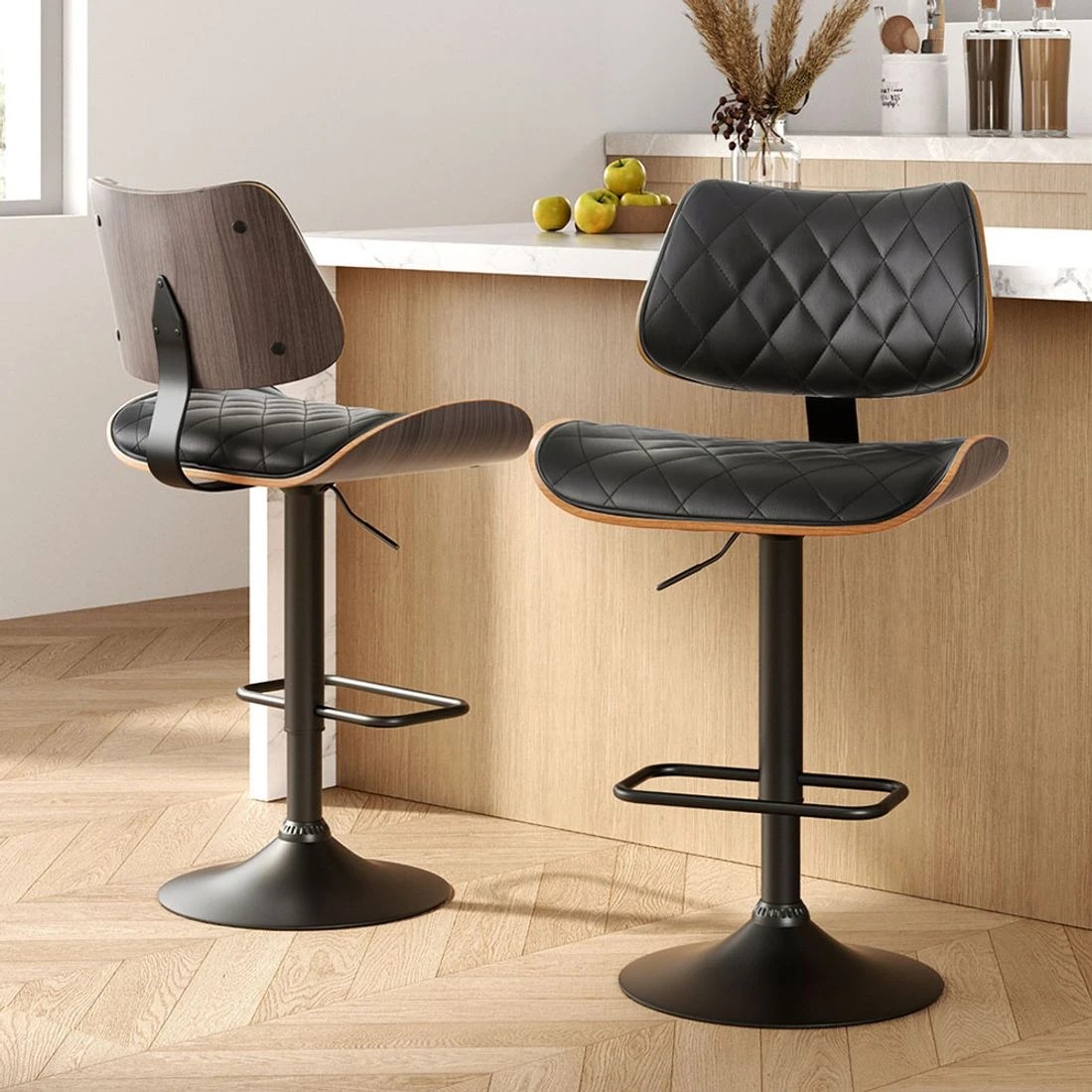 3 Artiss 2x Bar Stools Kitchen Dining Chairs Gas Lift Stool Wooden Leather - Black, 3 of 4