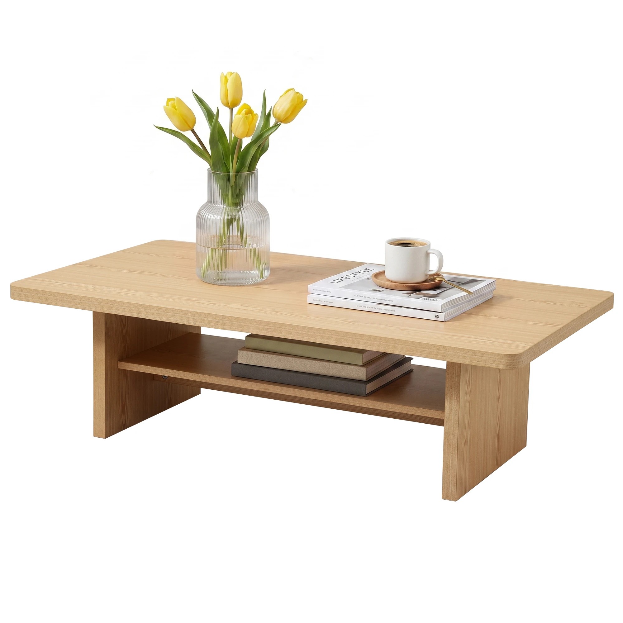 1 Artiss Table 110cm Center Table with 2-Tier Open Storage Shelf Safe Round Corner Wood - Natural, 1 of 7