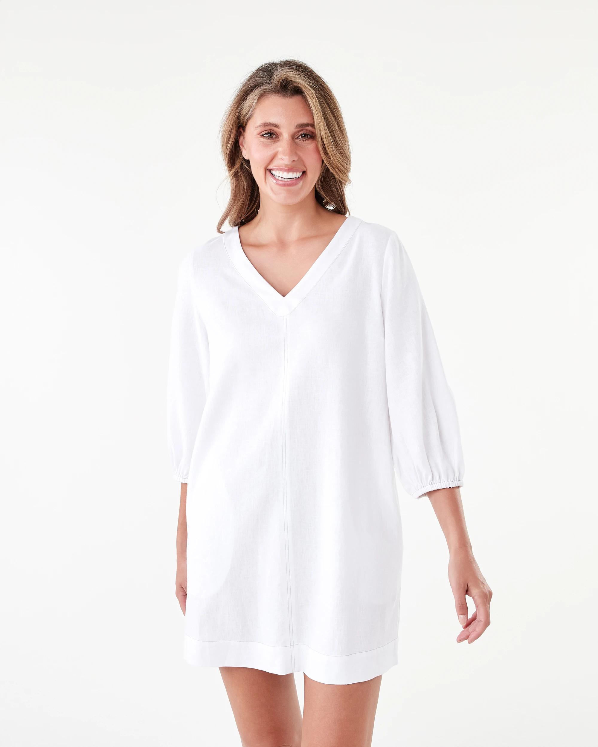 1 Long Sleeve Linen Blend V-Neck Mini Dress White, 1 of 8