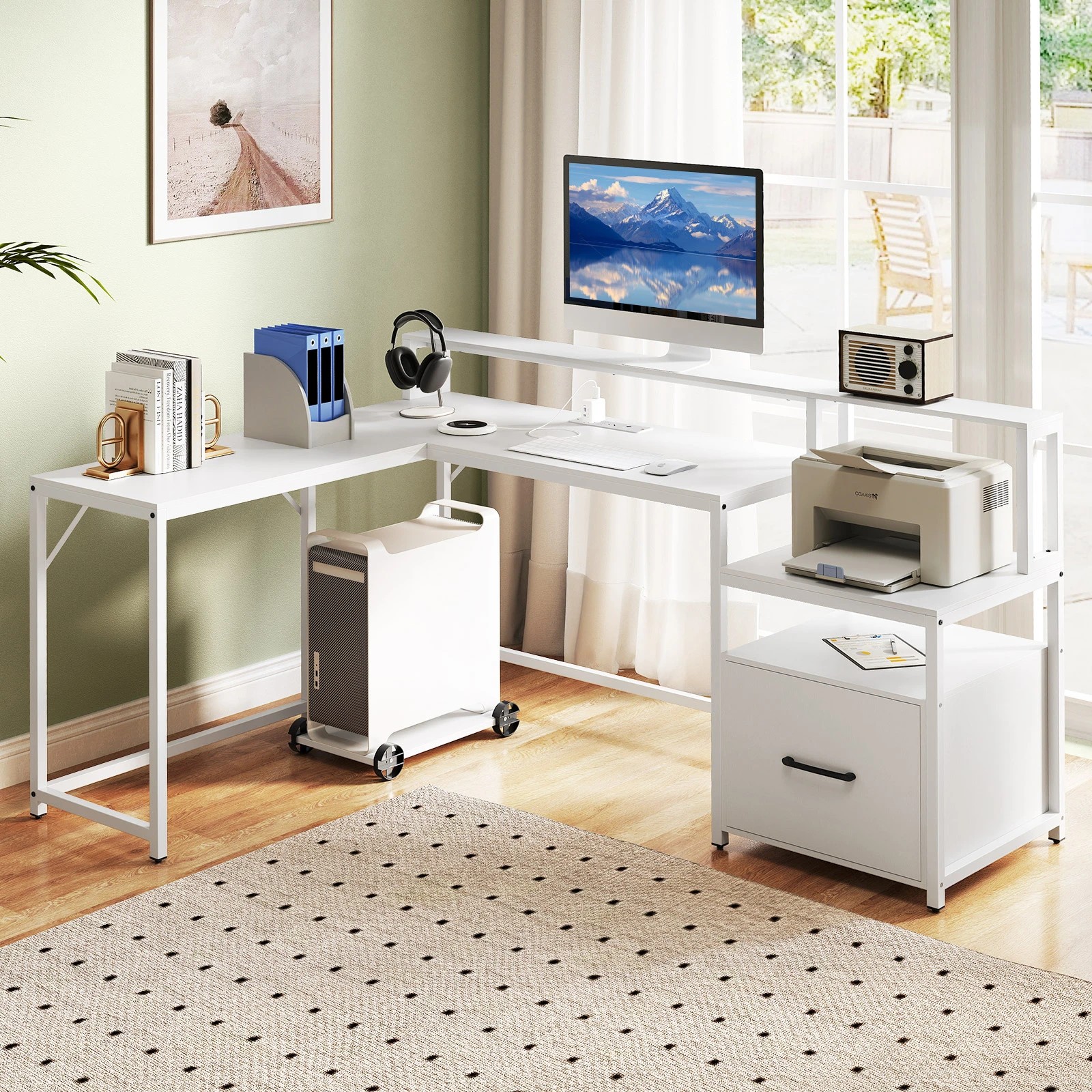 2 Costway 170cm L-shaped Computer Desk w/Power Outlet Office Study Table, 2 of 5