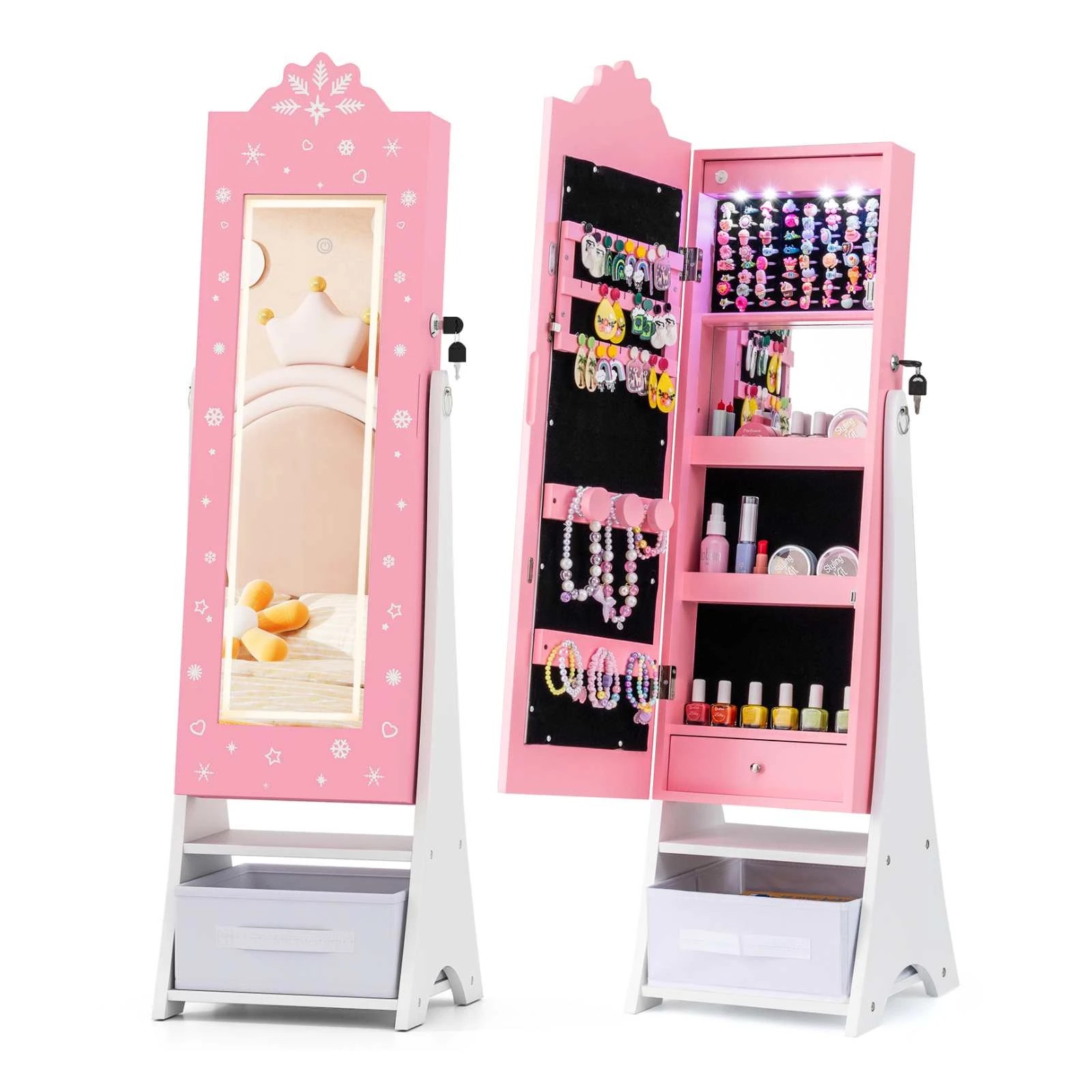 1 Costway Mirror Cabinet Jewelry Armoire Princess Storage - Pink, 1 of 3