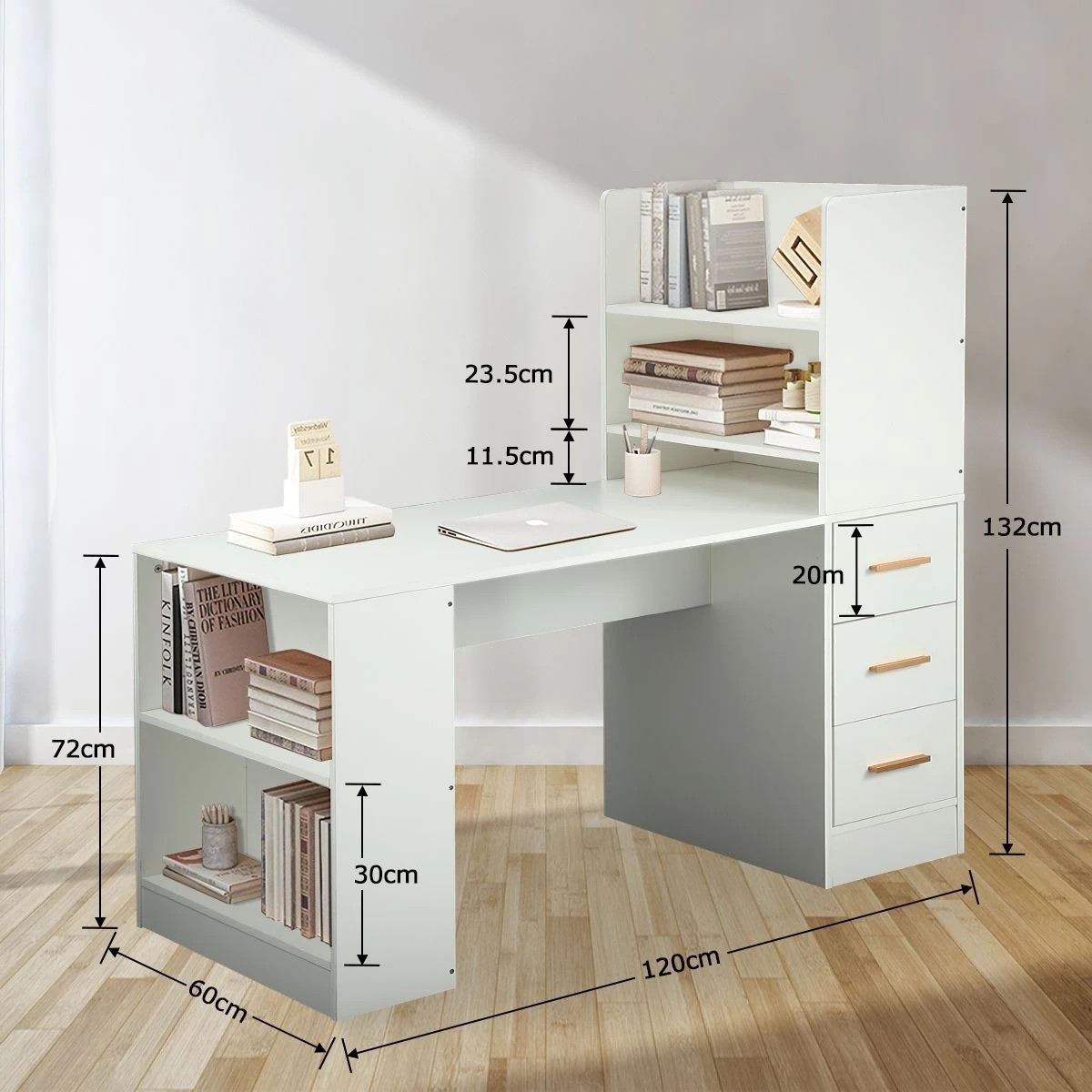 8 AUSWAY 120cm Computer Desk Hutch with Shelves and Drawers, 8 of 8