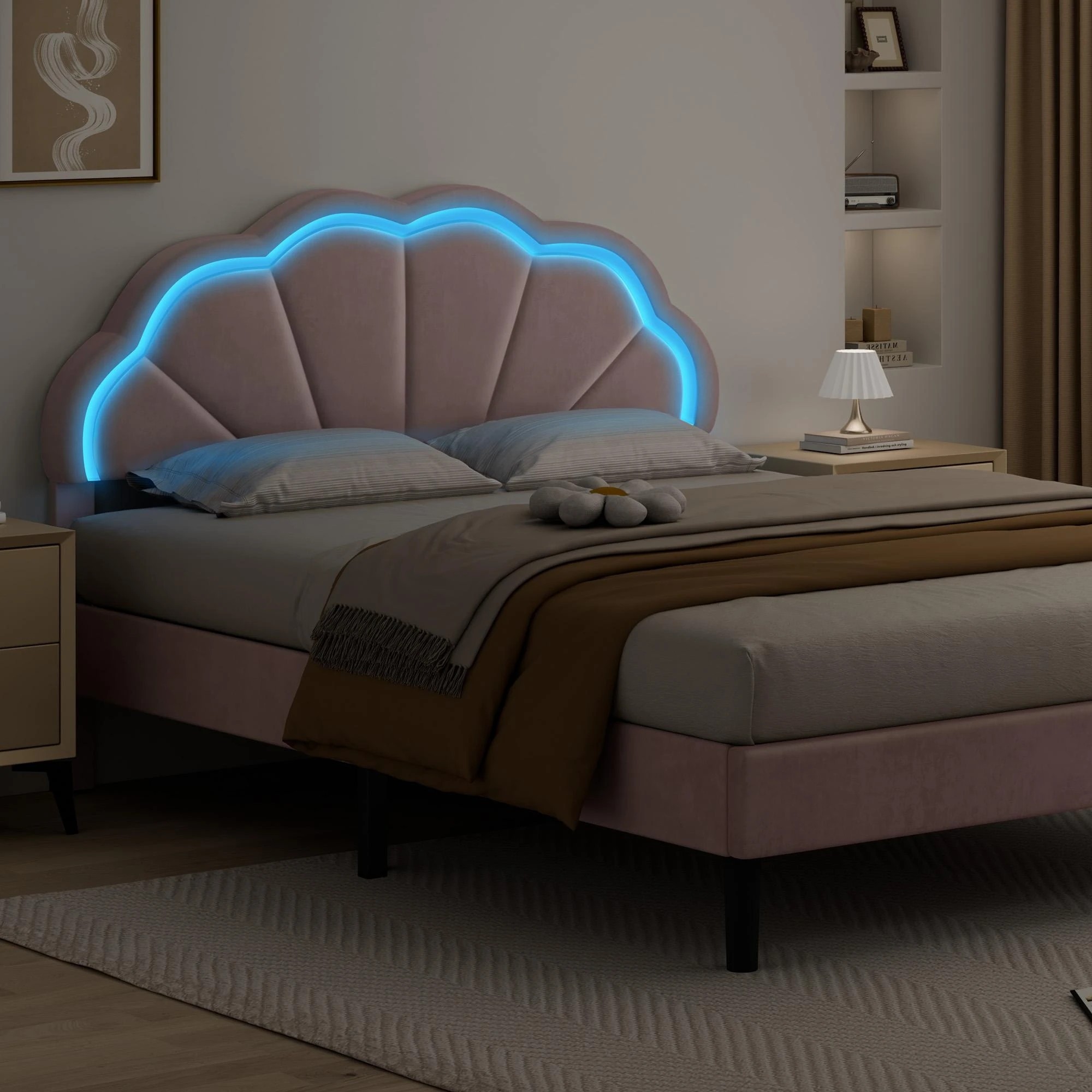 6 Alfordson Bed Frame Double LED Adjustable Headboard Velvet - Pink, 6 of 10