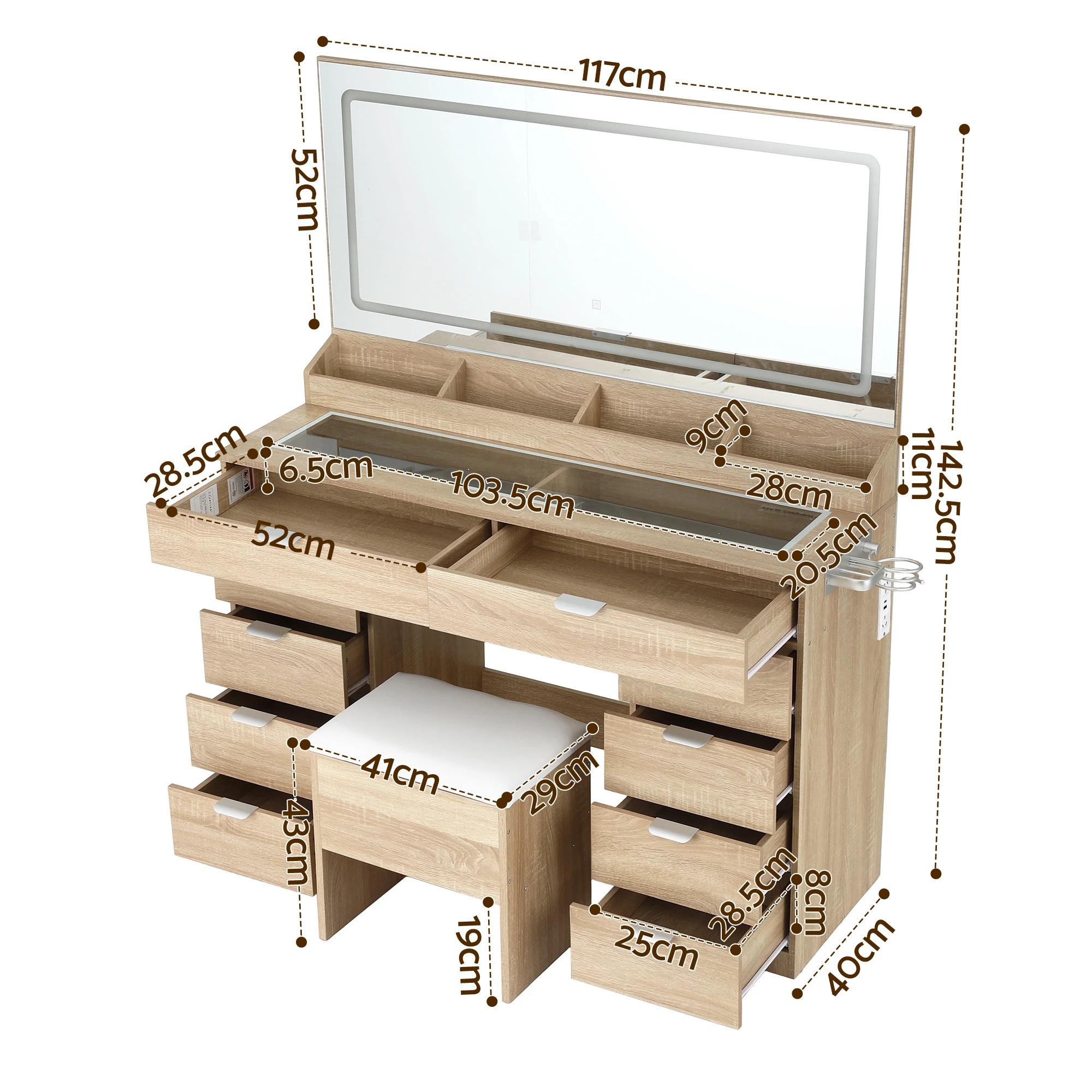 4 Artiss Dressing Table Charging Station LED Vanity Desk Set Stool Make up Mirror Storage Drawer - Natural, 4 of 9