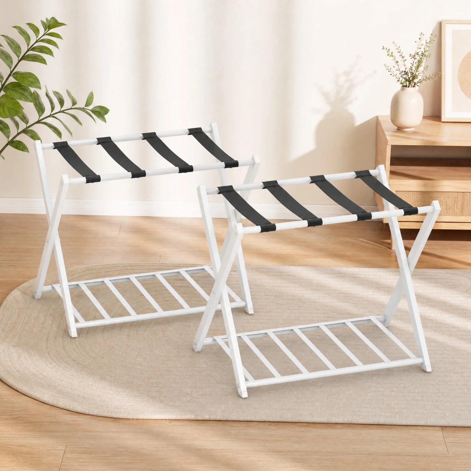 1 Costway 2x Folding Iron Luggage Rack Suitcase Stand w/Shelf Bag Suitcase Storage - White, 1 of 4