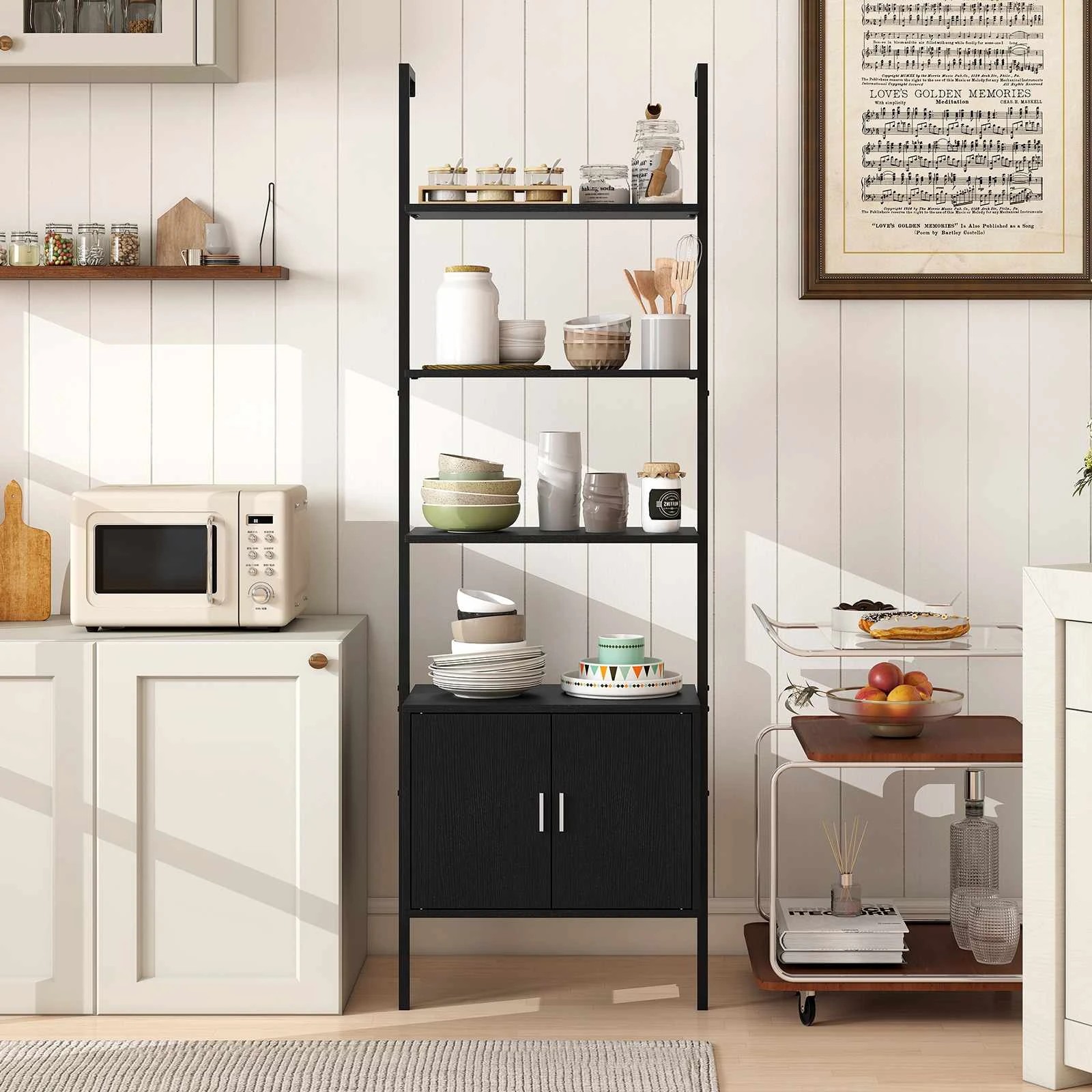 2 Costway 5-Tier Bookshelf Wall Mount Ladder Bookcase w/Cabinet & Metal Frame Display Rack - Black, 2 of 4