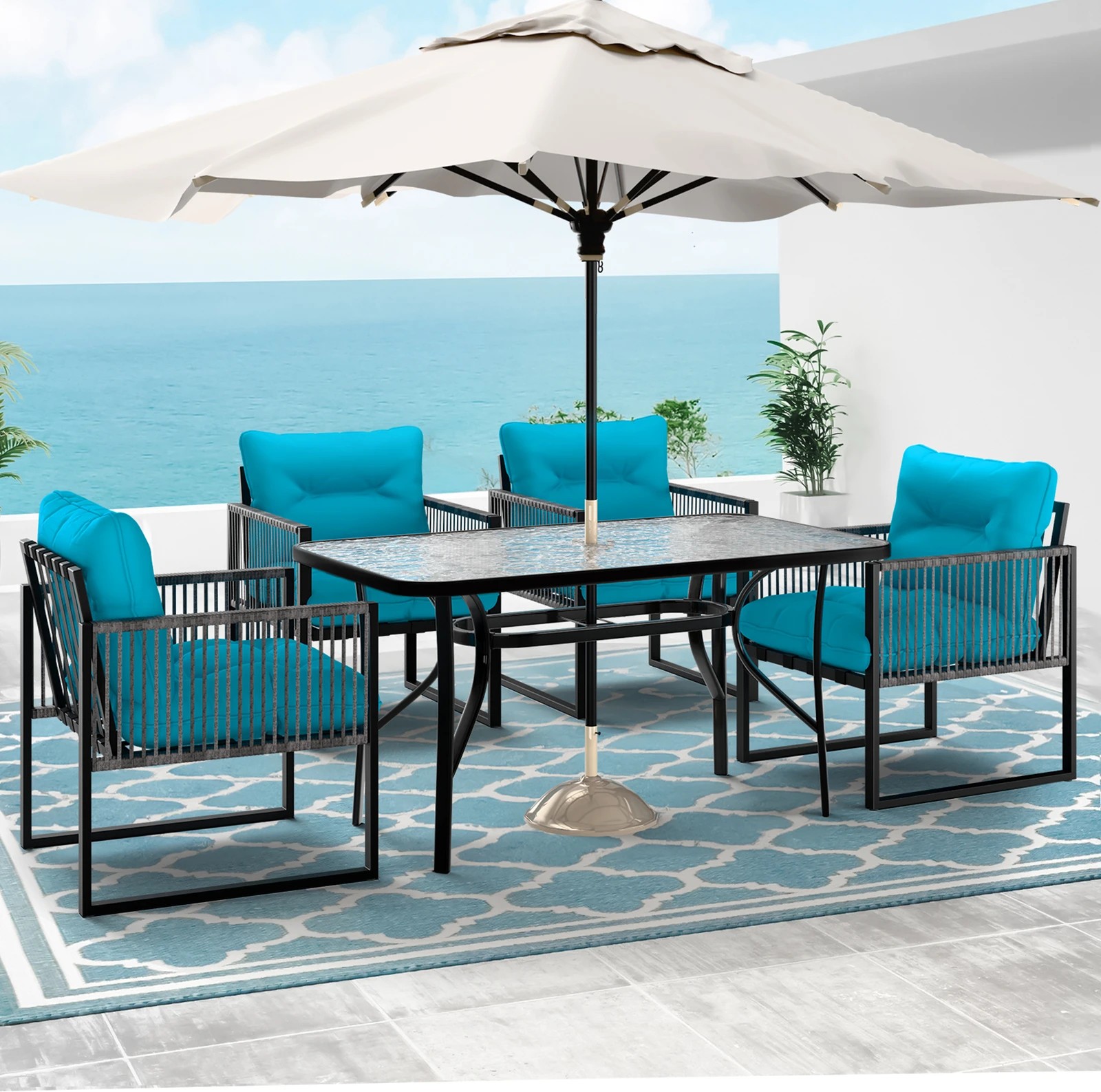 3 Alfordson 5PCS Outdoor Patio Furniture Dining Set Table Chairs Wicker Lounge - Blue, 3 of 10