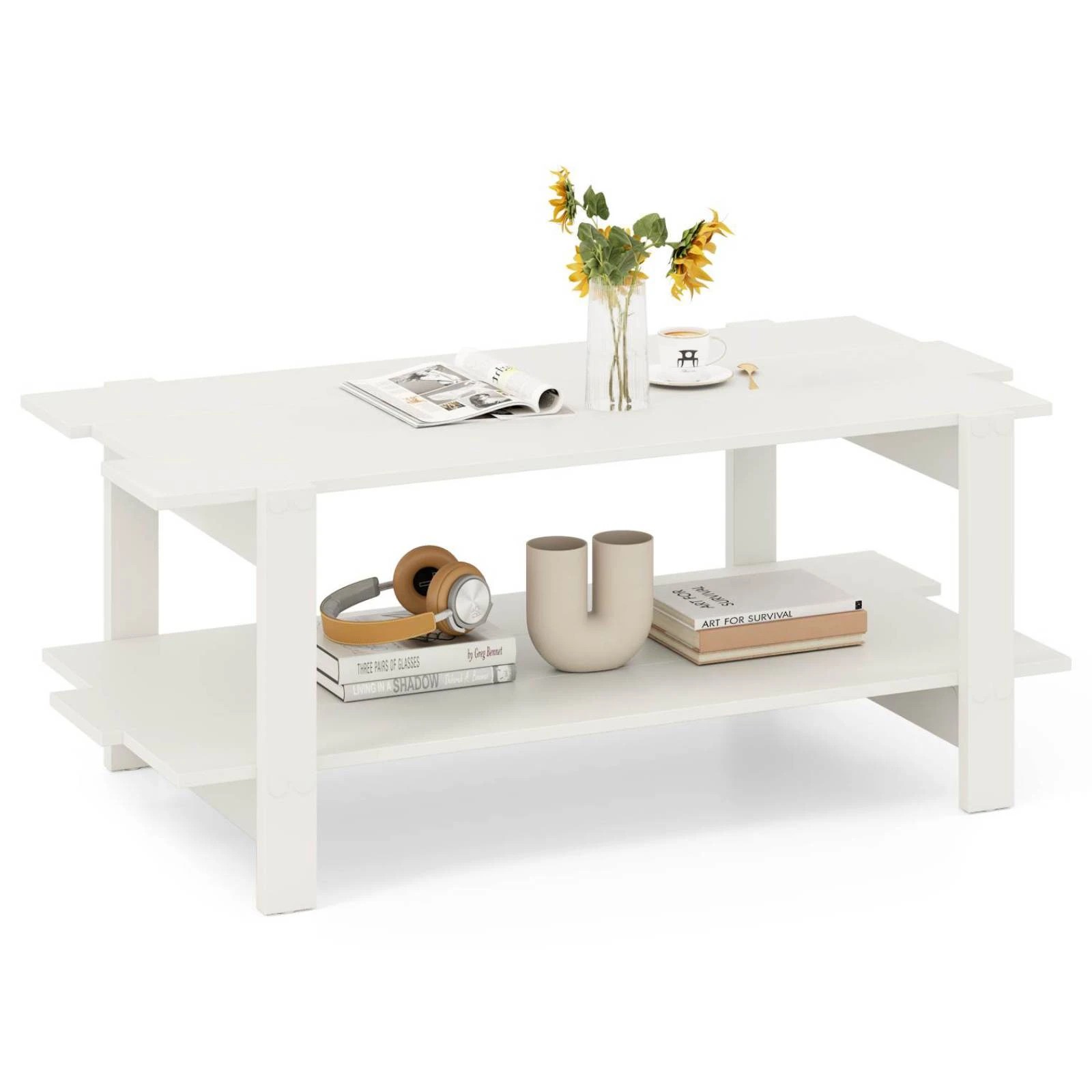 3 Costway 2-Tier Coffee Table Slatted Wood Center Table Rectangular Cocktail Table, 3 of 3