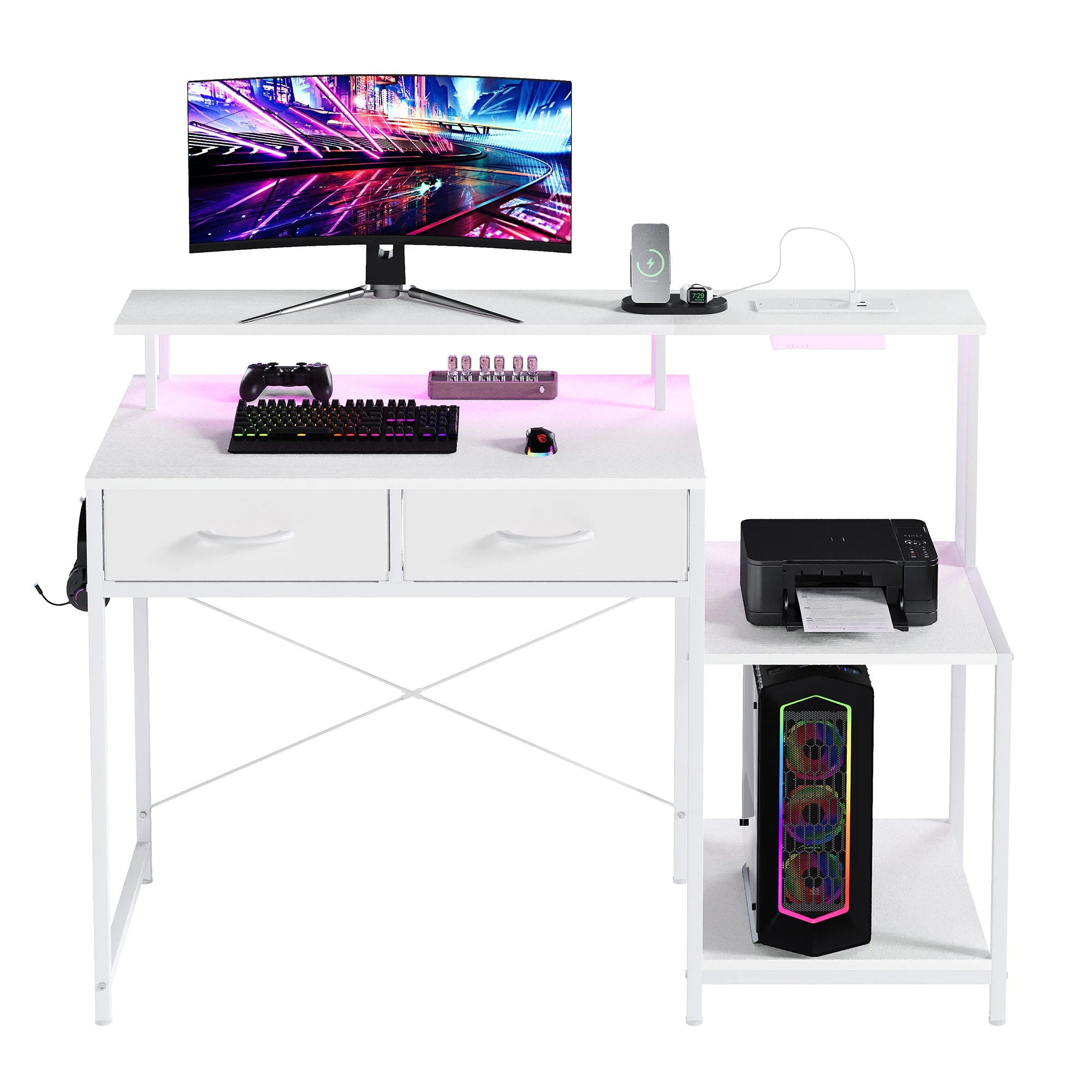 7 Advwin 120cm Gaming Desk With Led Lights Power Outlets Reversible Printer Storage Shelf Computer Desk White, 7 of 10