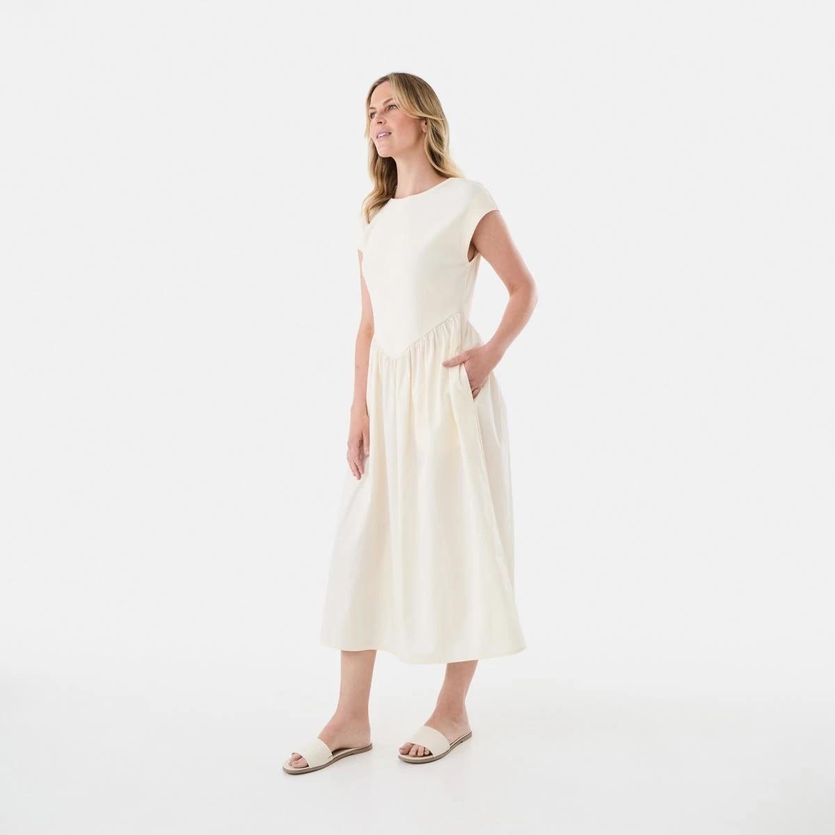2 Short Sleeve Knit Woven V-Waist T-shirt Midi Dress Bge Cream, 2 of 7