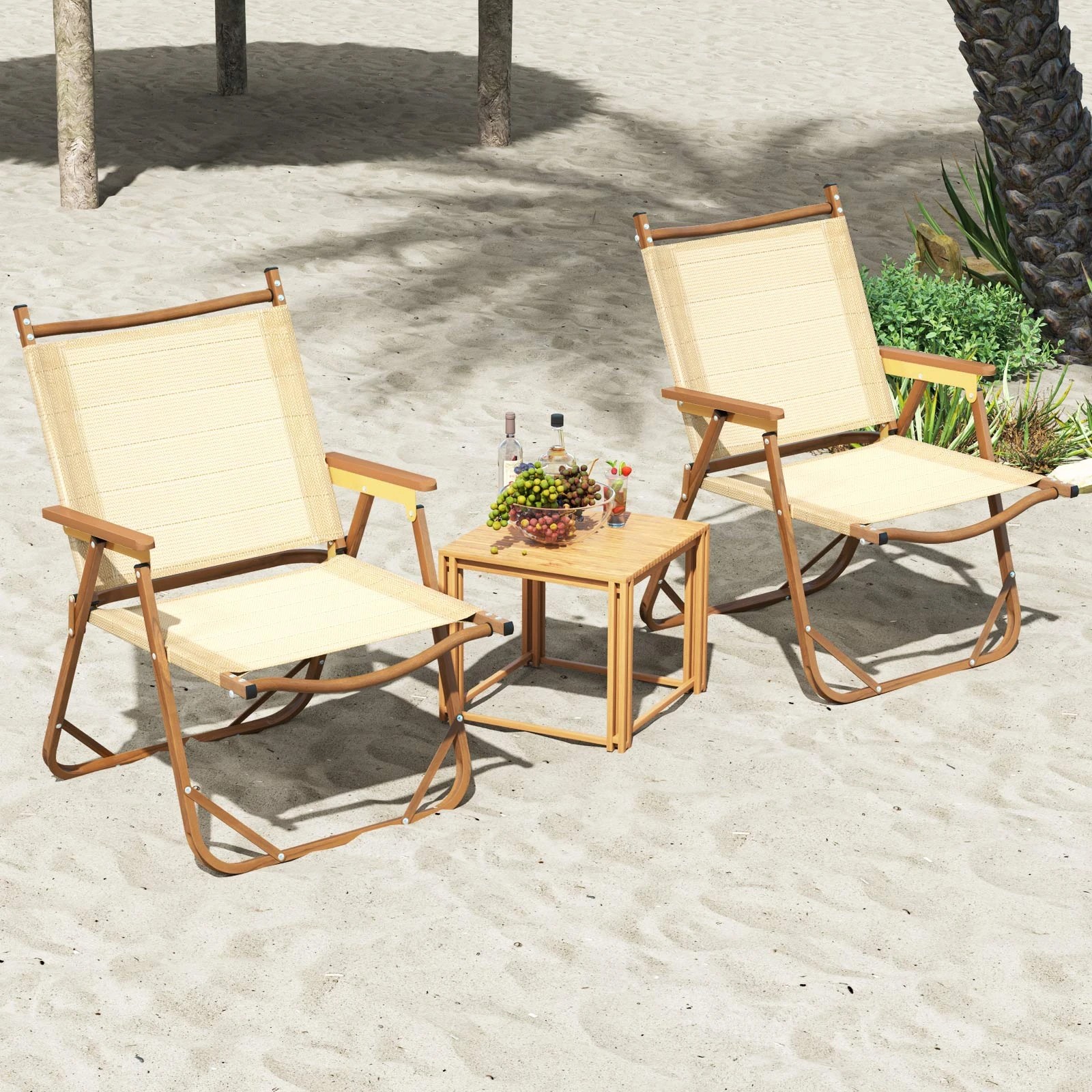 2 Costway 2x Portable Camping Chairs Folding Beach Chairs w/Aluminum Frame & Armrests Support 180KG - Beige, 2 of 4
