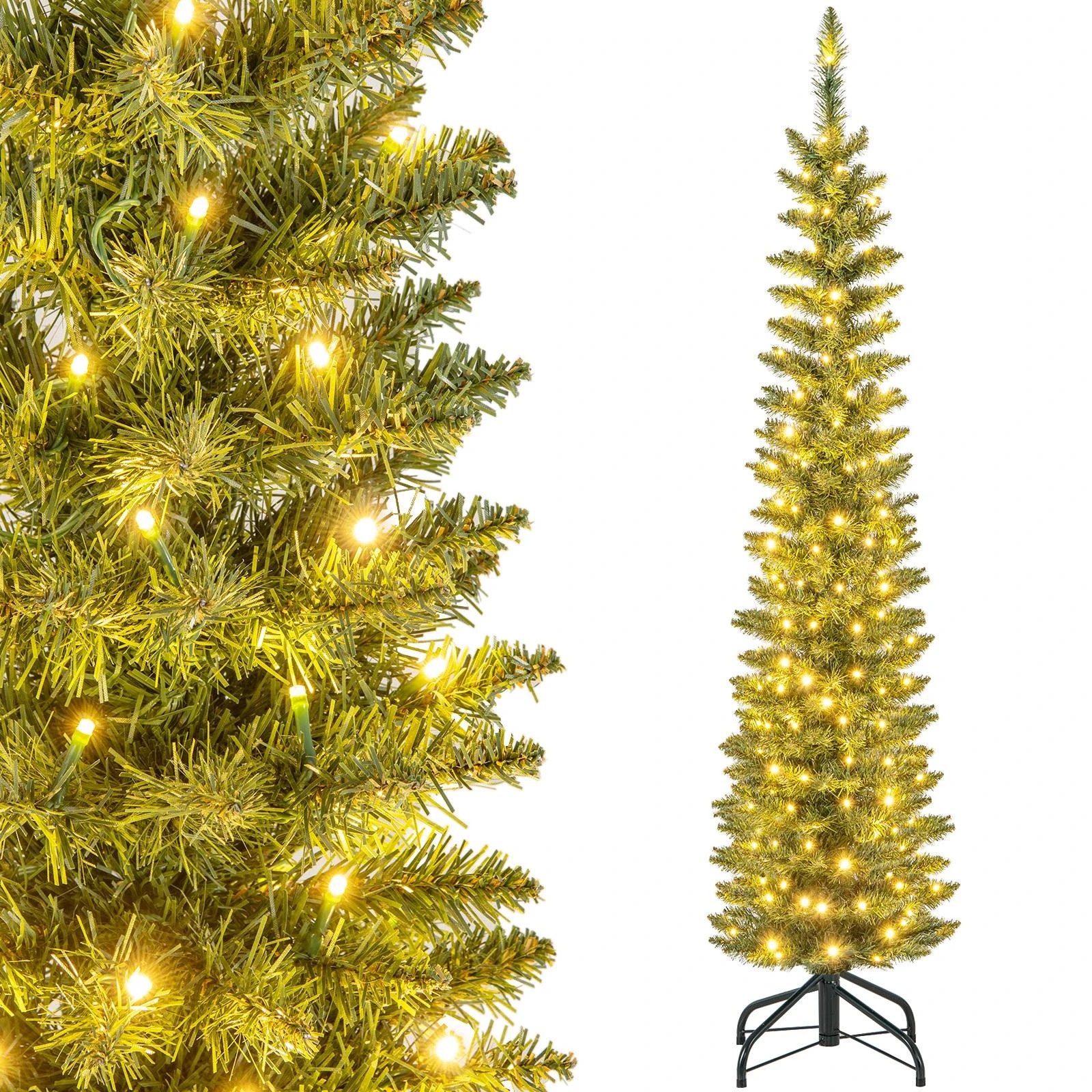 1 Costway 1.5M/5ft Pre-Lit Slim Pencil Christmas Tree w/296 Branch Tips, 1 of 2