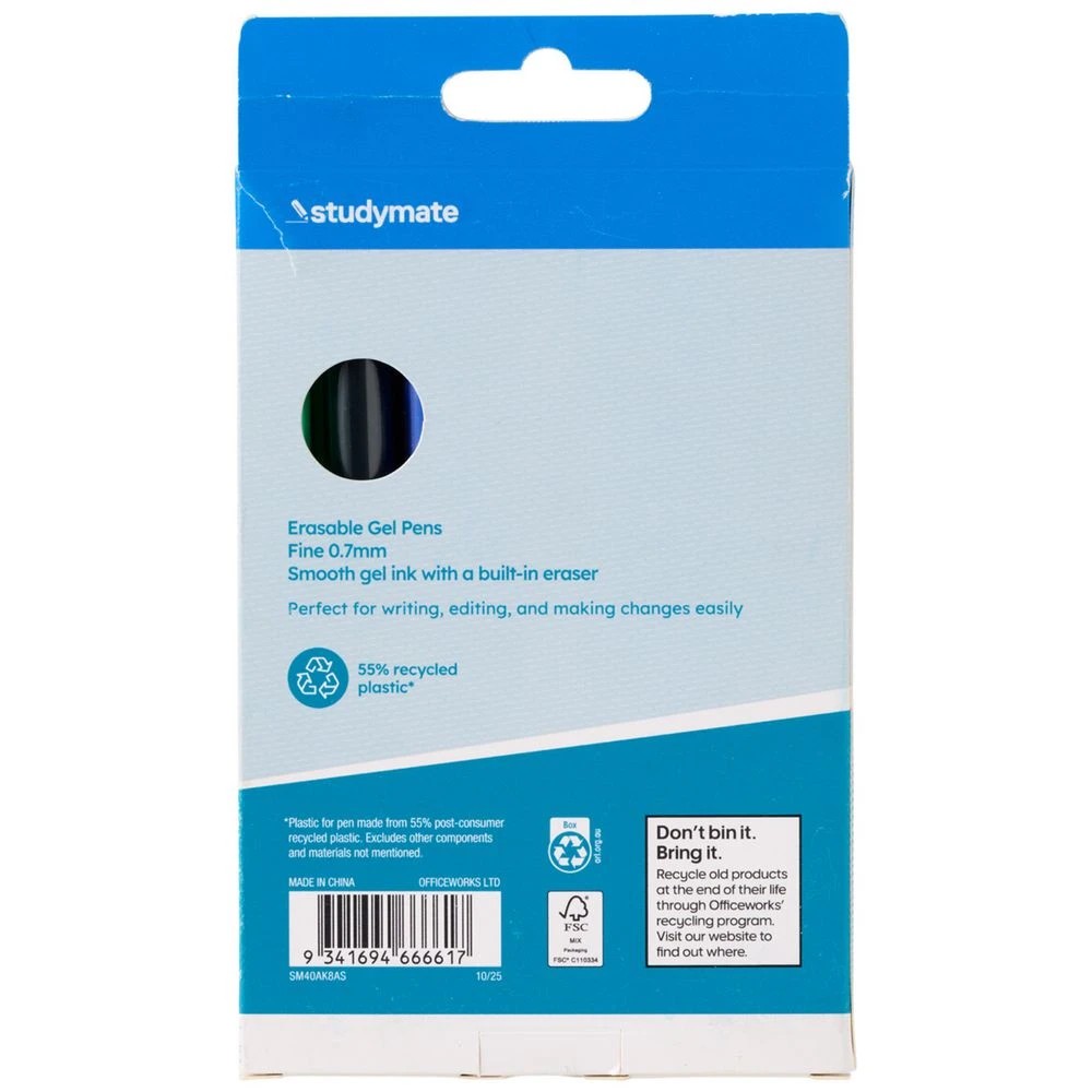 3 Studymate 0.7mm Capped Erasable Gel Ink Pen Assorted 8 Pack, 3 of 10