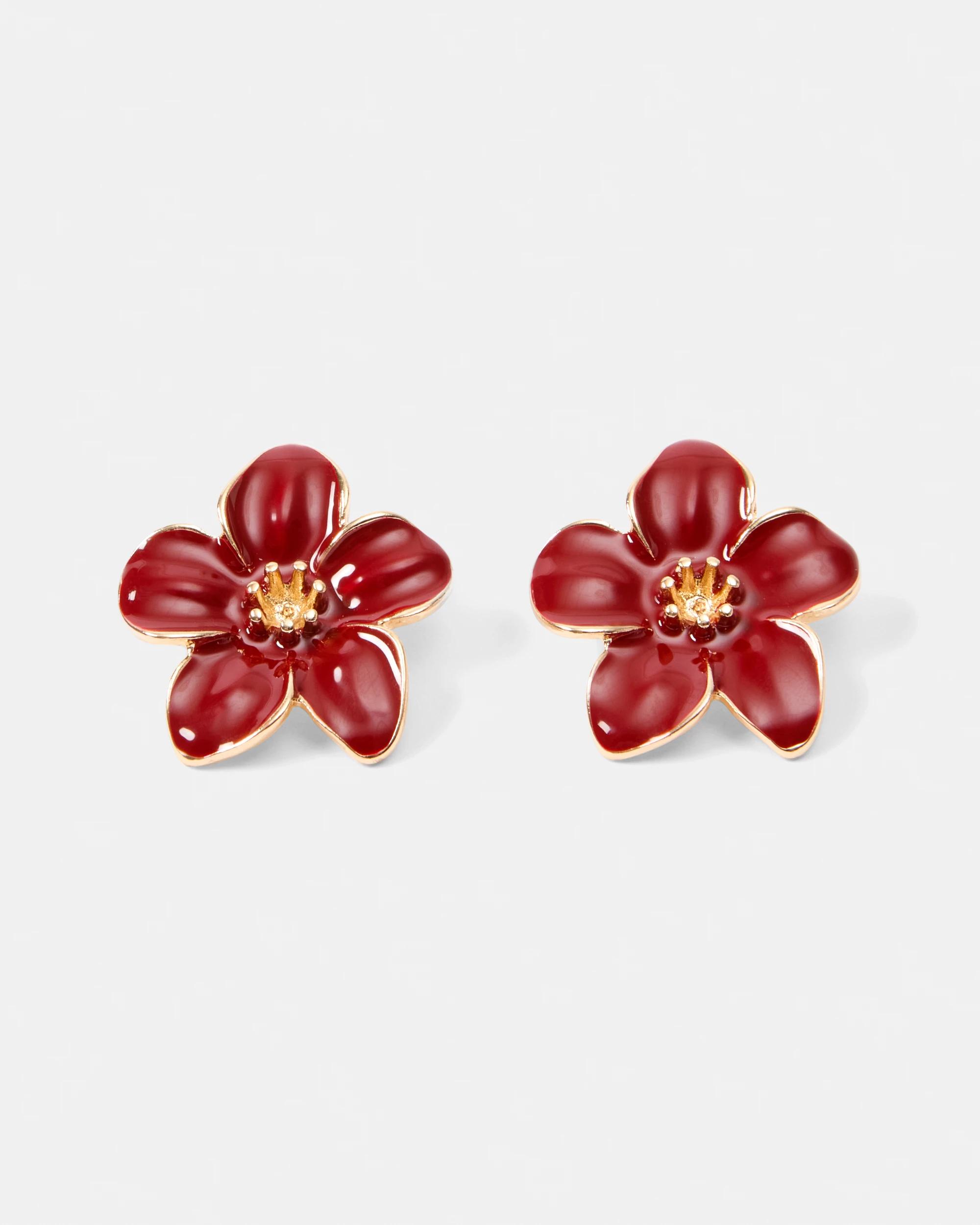 2 Flower Stud Earrings - Red and Gold Tone Red, 2 of 5