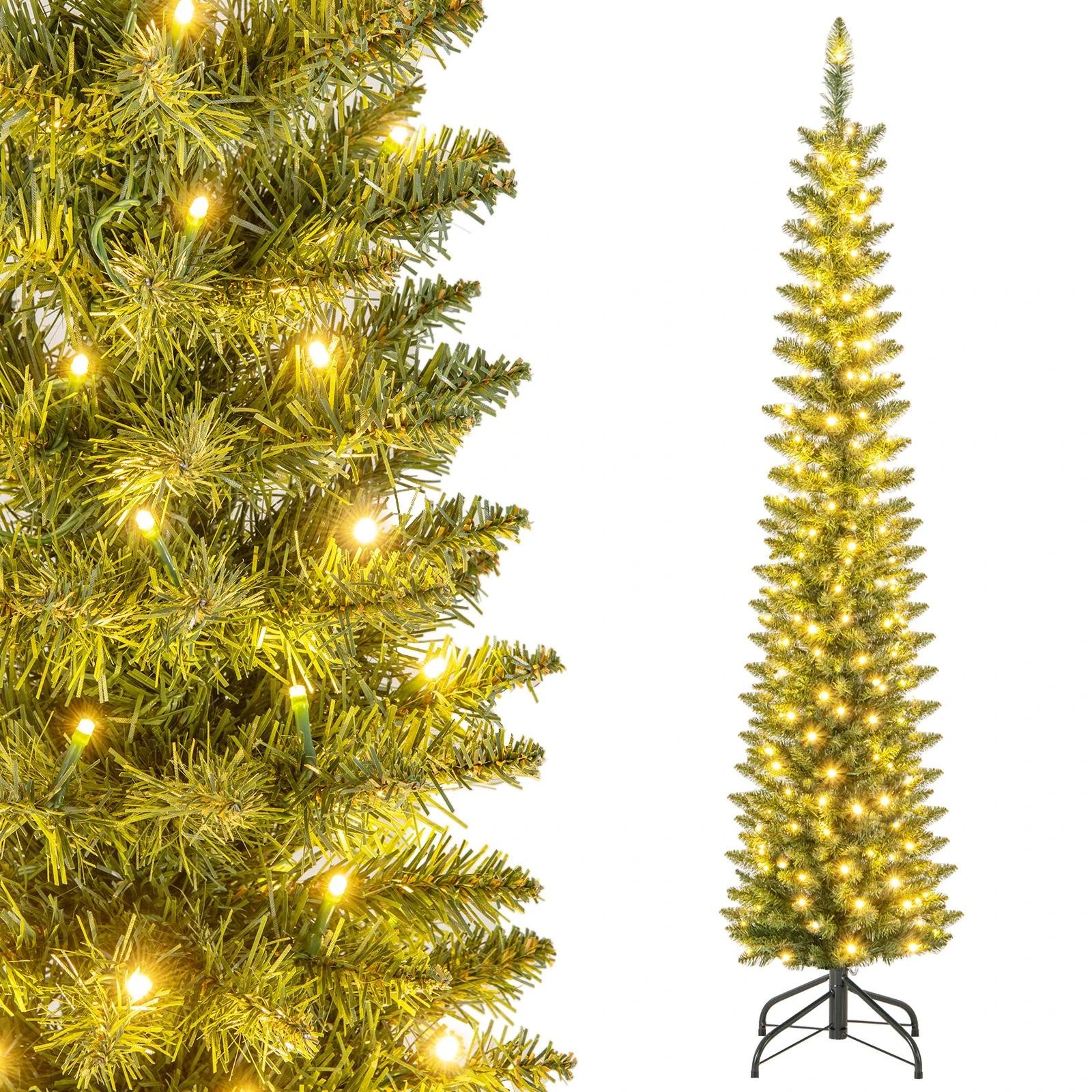 1 Costway 1.8M (6ft) Pre-Lit Slim Pencil Christmas Tree w/390 Branch Tips, 1 of 2