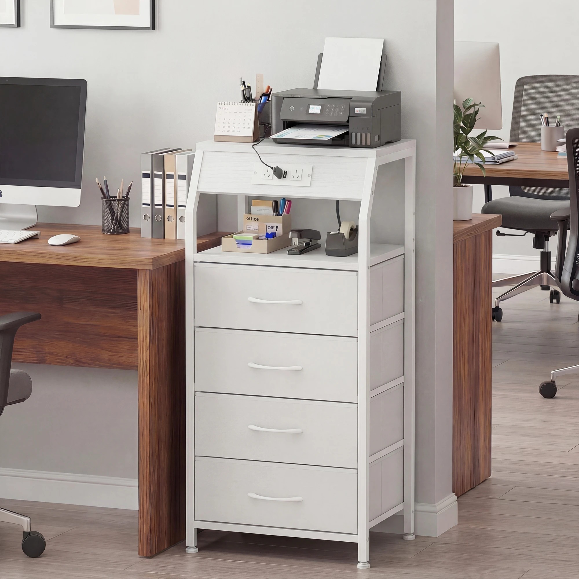 9 Advwin Set of 2 Bedside Table with Charging Station 4 Fabric Drawers Nightstand - White, 9 of 10