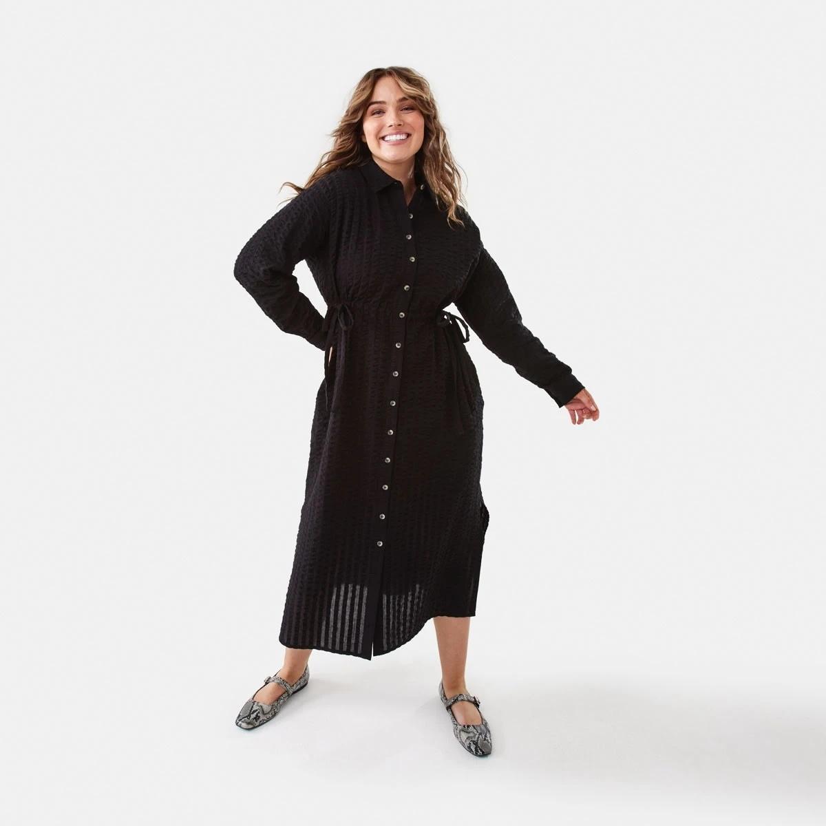 1 Long Sleeve Ruched Front Midi Shirt Dress Black, 1 of 7