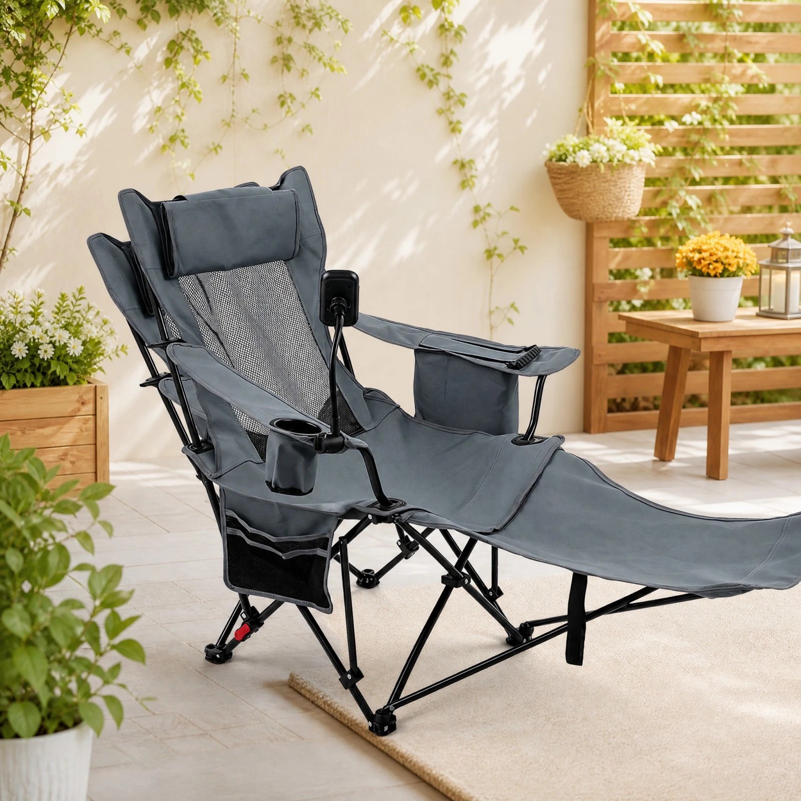 1 Costway 2-in-1 Reclining Camping Chair Folding Lounge w/Detachable Footrest & Phone Stand - Grey, 1 of 3