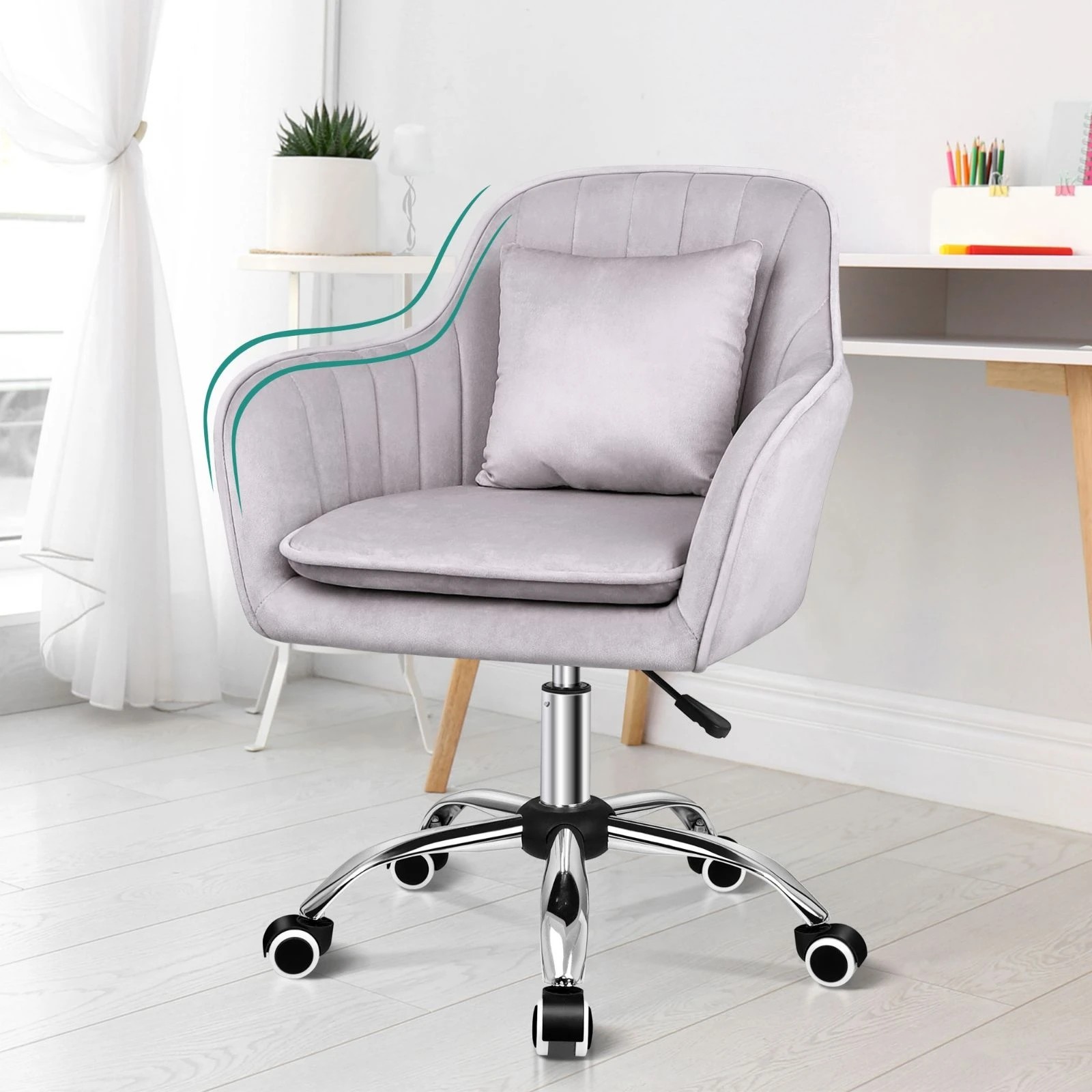 8 Alfordson Velvet Office Chair Fabric Armchair Computer Swivel Adult Kids - Grey, 8 of 10
