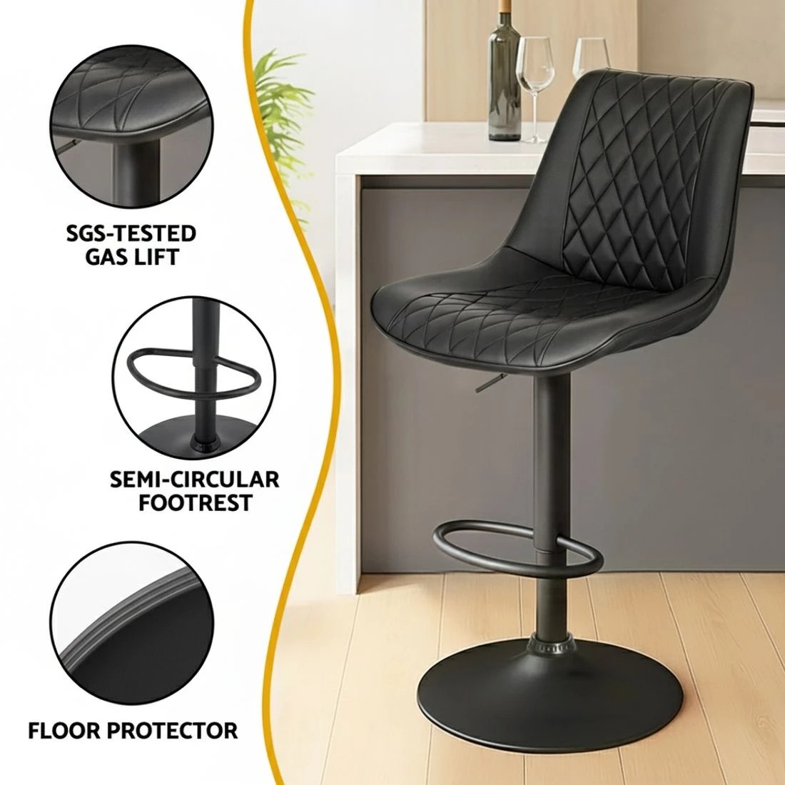 6 Artiss 4x Bar Stools Kitchen Swivel Gas Lift Counter Chair Diamond Leather - Black, 6 of 6