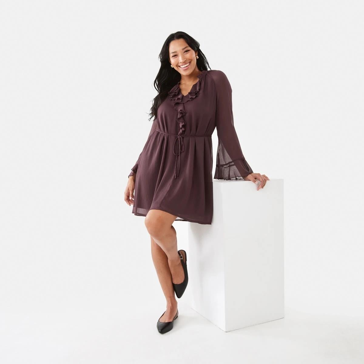 10 Long Sleeve Ruffle Mini Dress Mulberry, 10 of 10