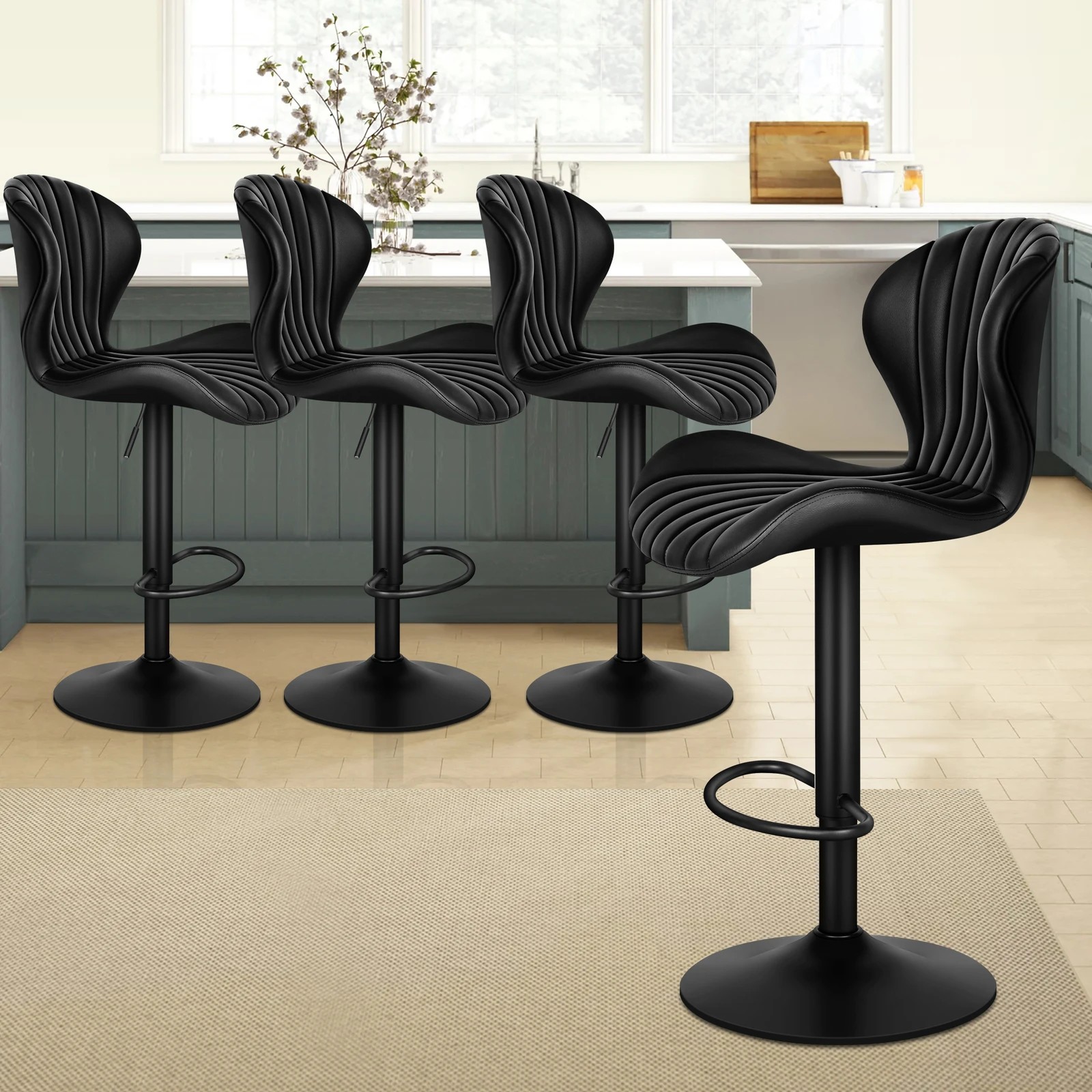 9 Alfordson 4x Bar Stools Gas Lift Leather Bar Chairs Kitchen Swivel Stella - Black, 9 of 10