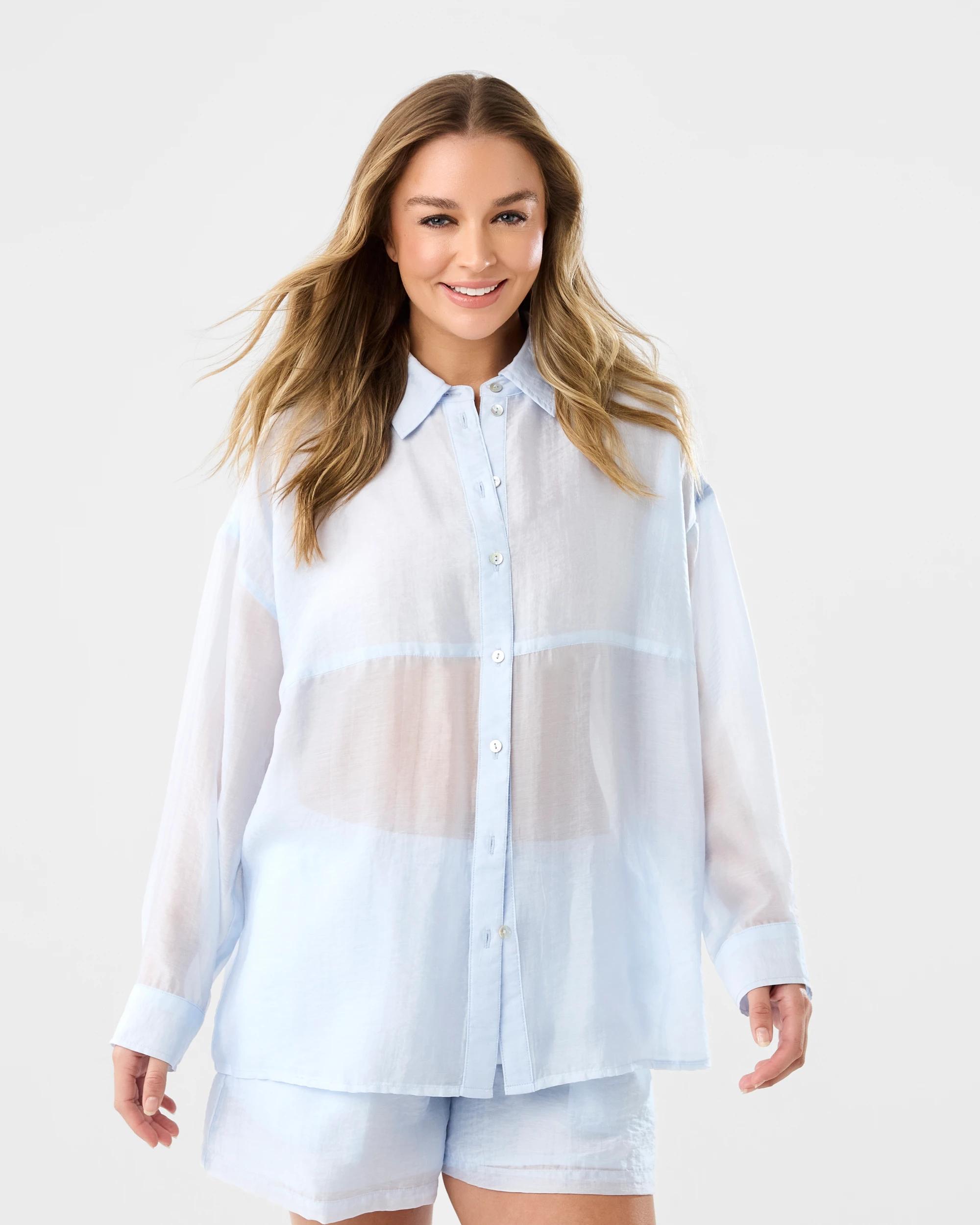 1 Long Sleeve Oversized Sheer Shirt Powd Blue