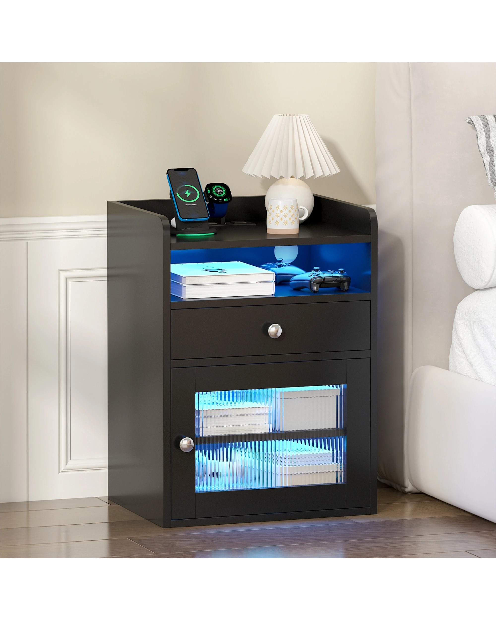 3 Advwin 2xBedside Table Acrylic Door With with Charging Station & LED Light - Black, 3 of 7
