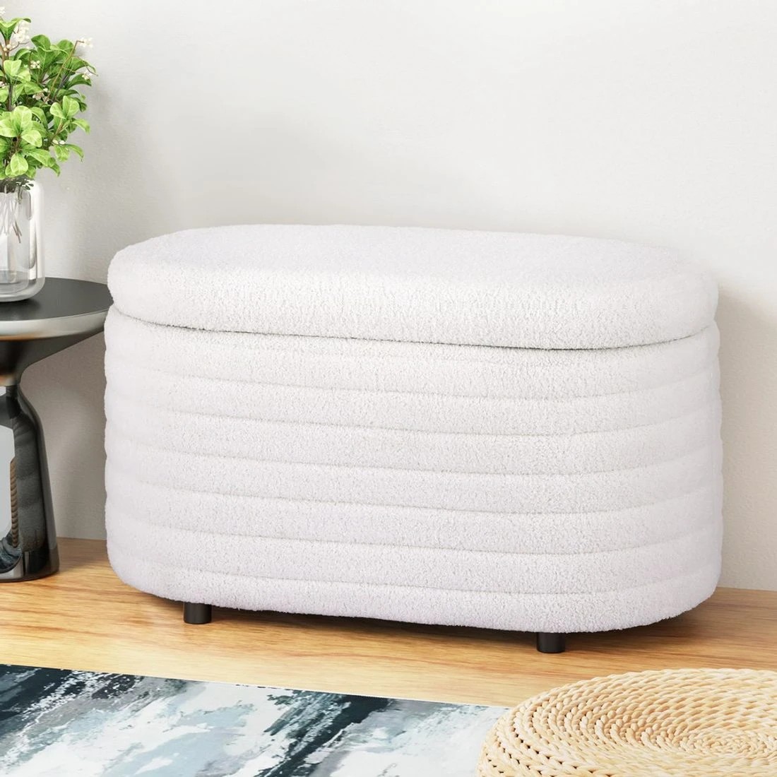 3 Artiss Storage Ottoman Blanket Box 87cm Boucle Fabric Oval - White, 3 of 4