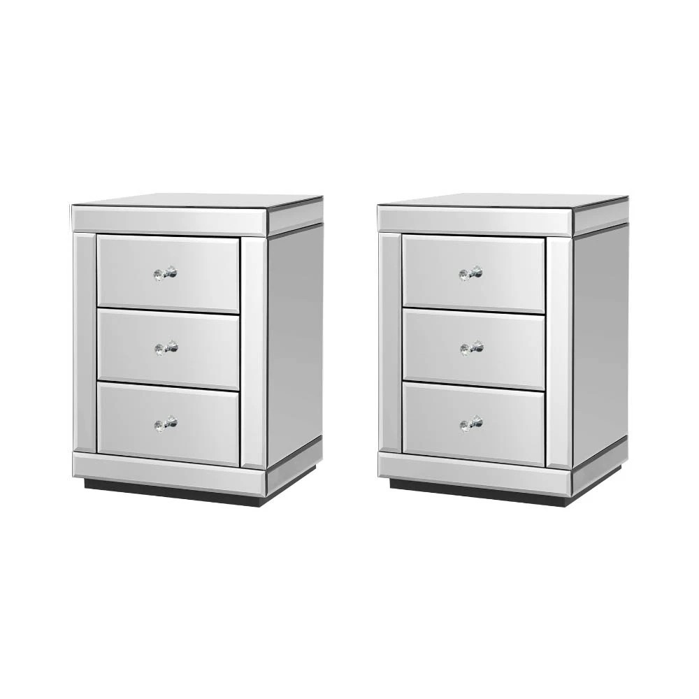 1 Artiss Set of 2 Bedside Table 3 Drawers Mirro Glass - Silver, 1 of 7