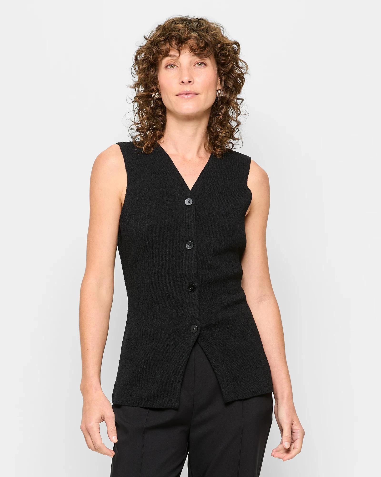 1 Sleeveless Cinched Waist Knit Vest - Preview BLACK, 1 of 5