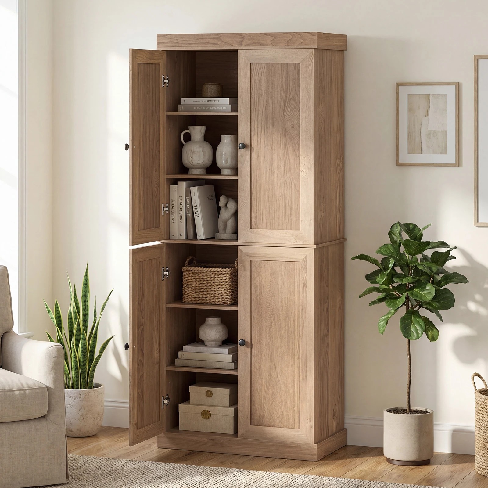 2 Costway 185cm 4-Door Buffet Sideboard Cupboard 6-Tier Storage Cabinet - Natural, 2 of 4