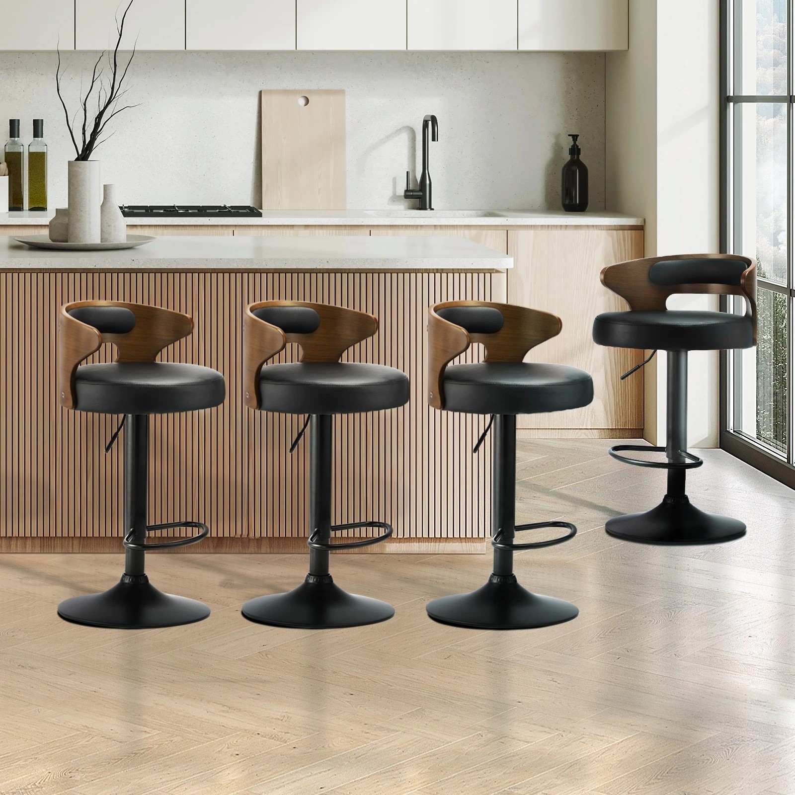 2 Oikiture Set Of 4 Bar Stools Kitchen Gas Lift Swivel Chairs Wooden Barstool
 - Black, 2 of 10
