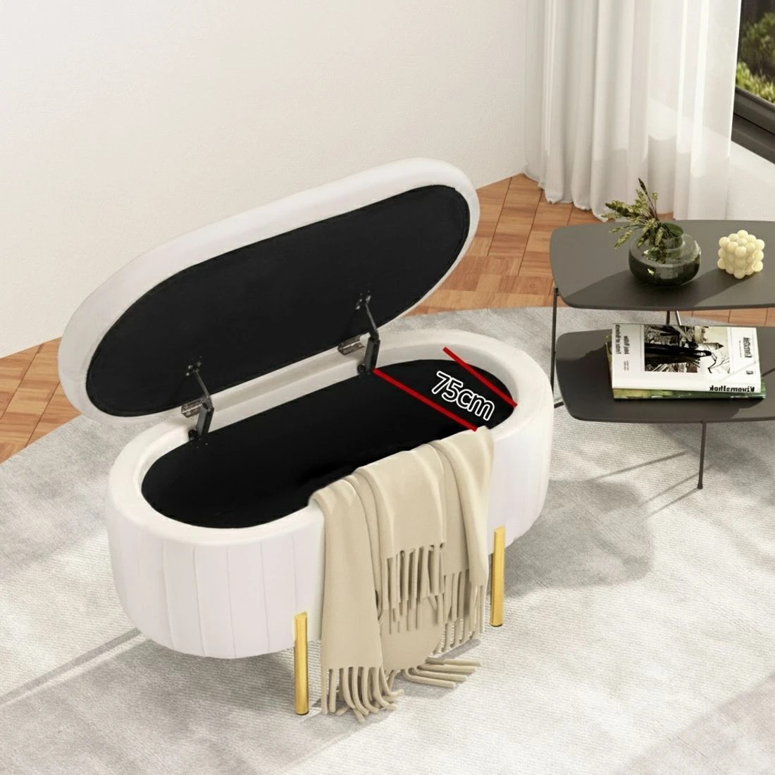 4 Artiss Storage Ottoman Blanket Box 87cm Velvet Oval - White, 4 of 5