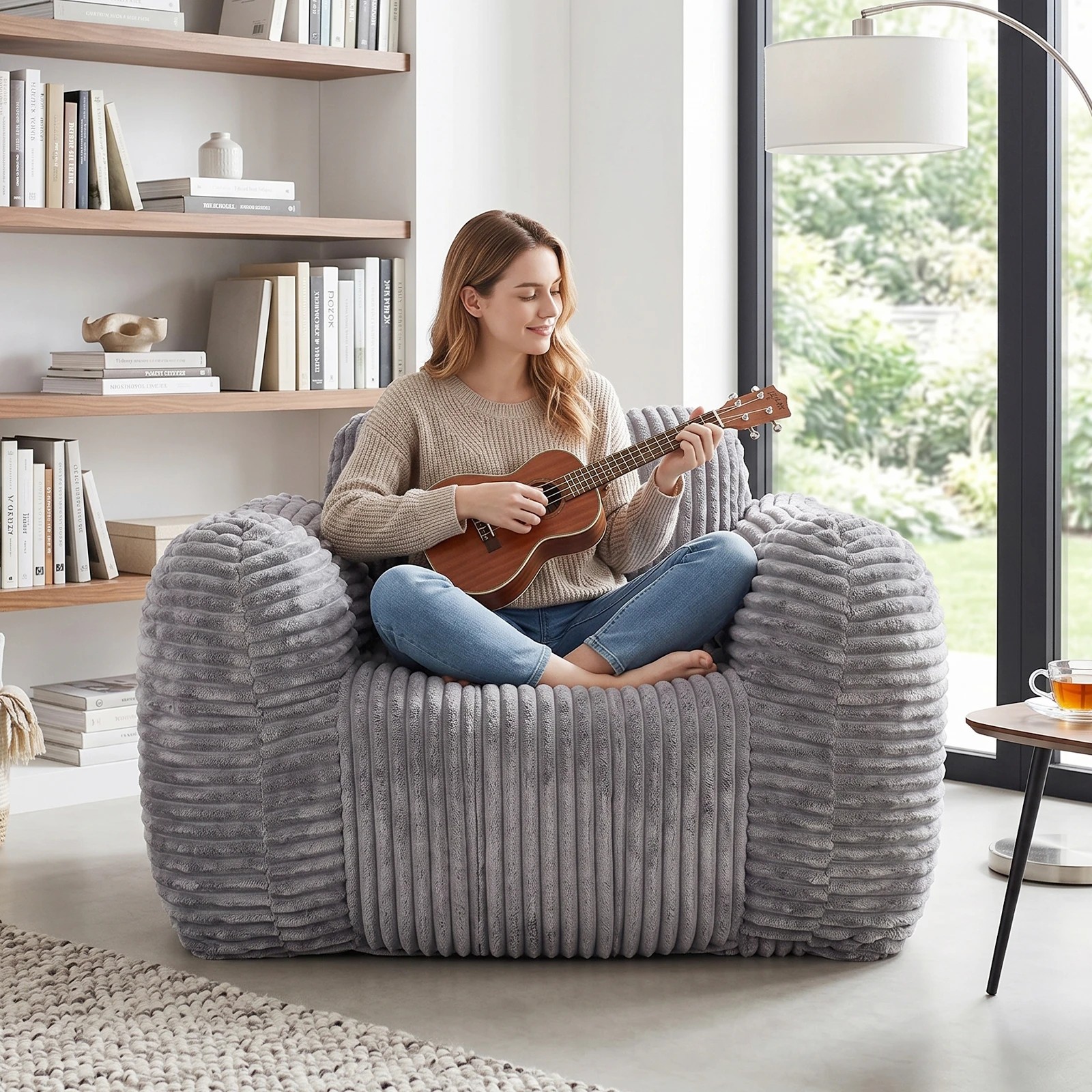 4 Advwin Bean Bag Chair Sofa w/ Armrests & Handle Cloud Shaped Corduroy Lazy Floor Sofa - Grey, 4 of 7