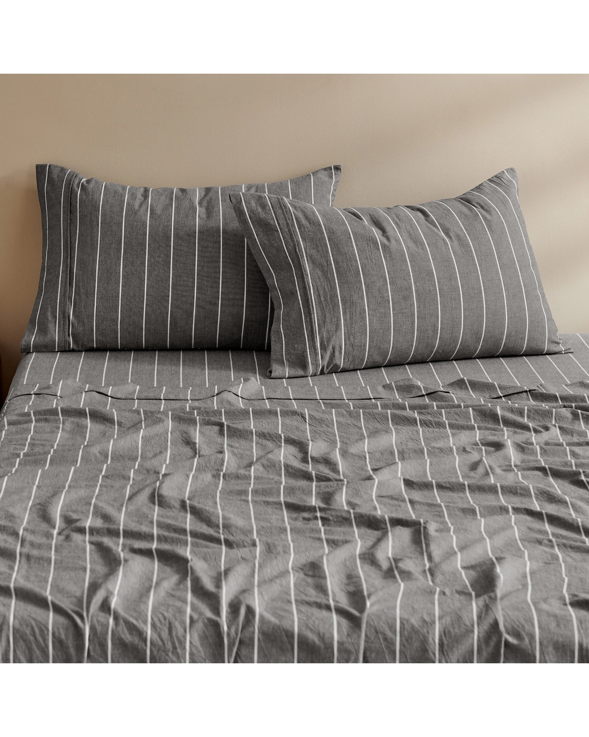 7 Dreamaker Rumi Stripe Washed Cotton Sheet Set - Double Bed - Graphite with White, 7 of 7