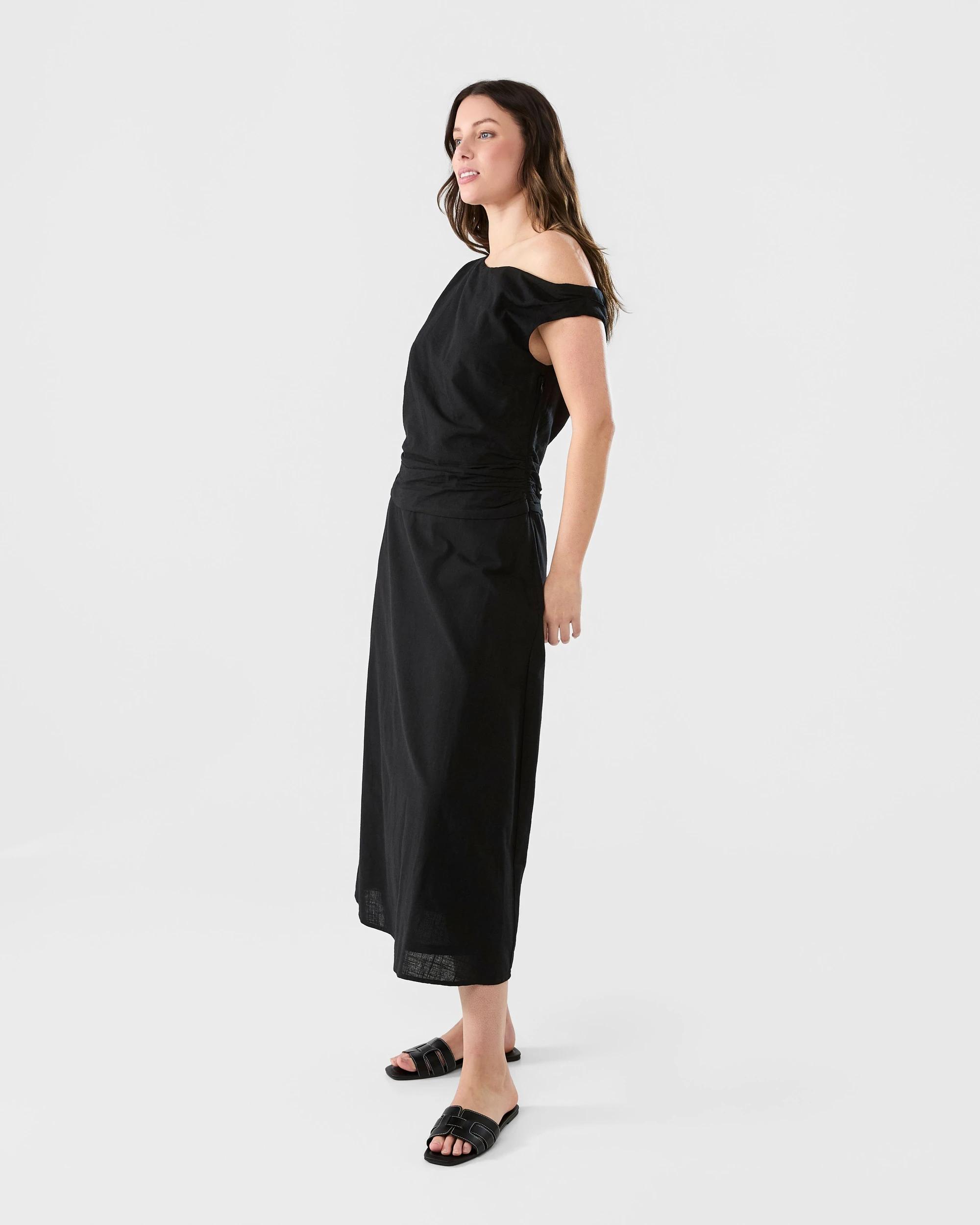 2 Sleeveless Asymmetrical Off Shoulder Midi Dress Black, 2 of 5