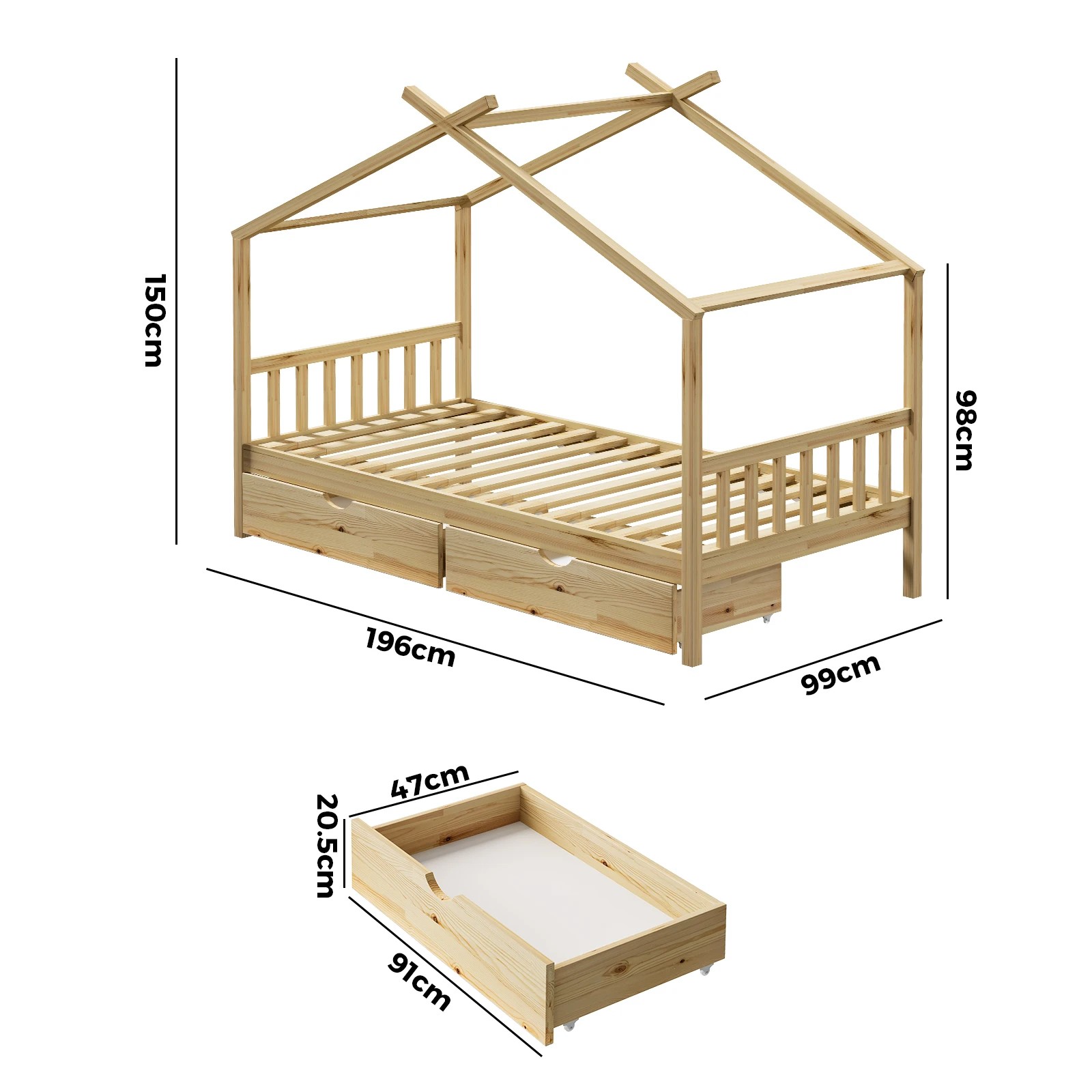 10 Oikiture Bed Frame Wooden Single Size Timber House Frame  With Storage Drawers
 - Natural, 10 of 10