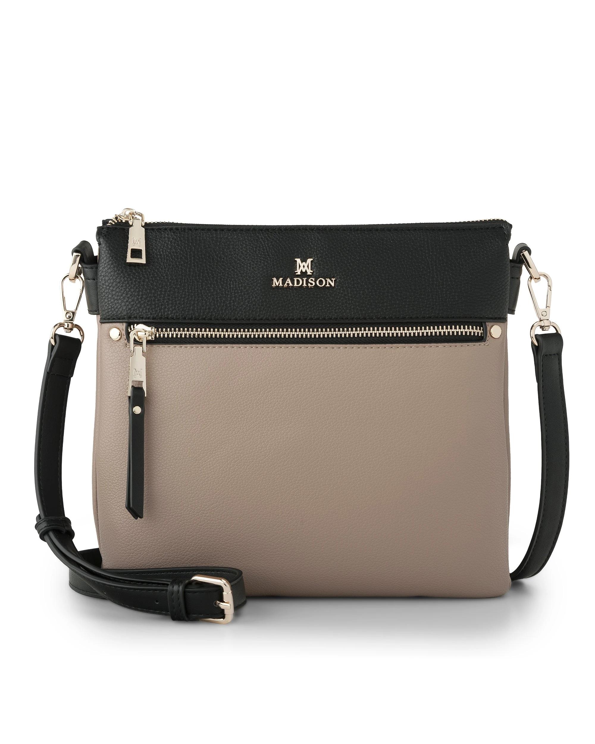1 Madison Accessories Renee Zip Top 2 Compartment Crossbody TAUPE-BLACK LT GOLD, 1 of 7