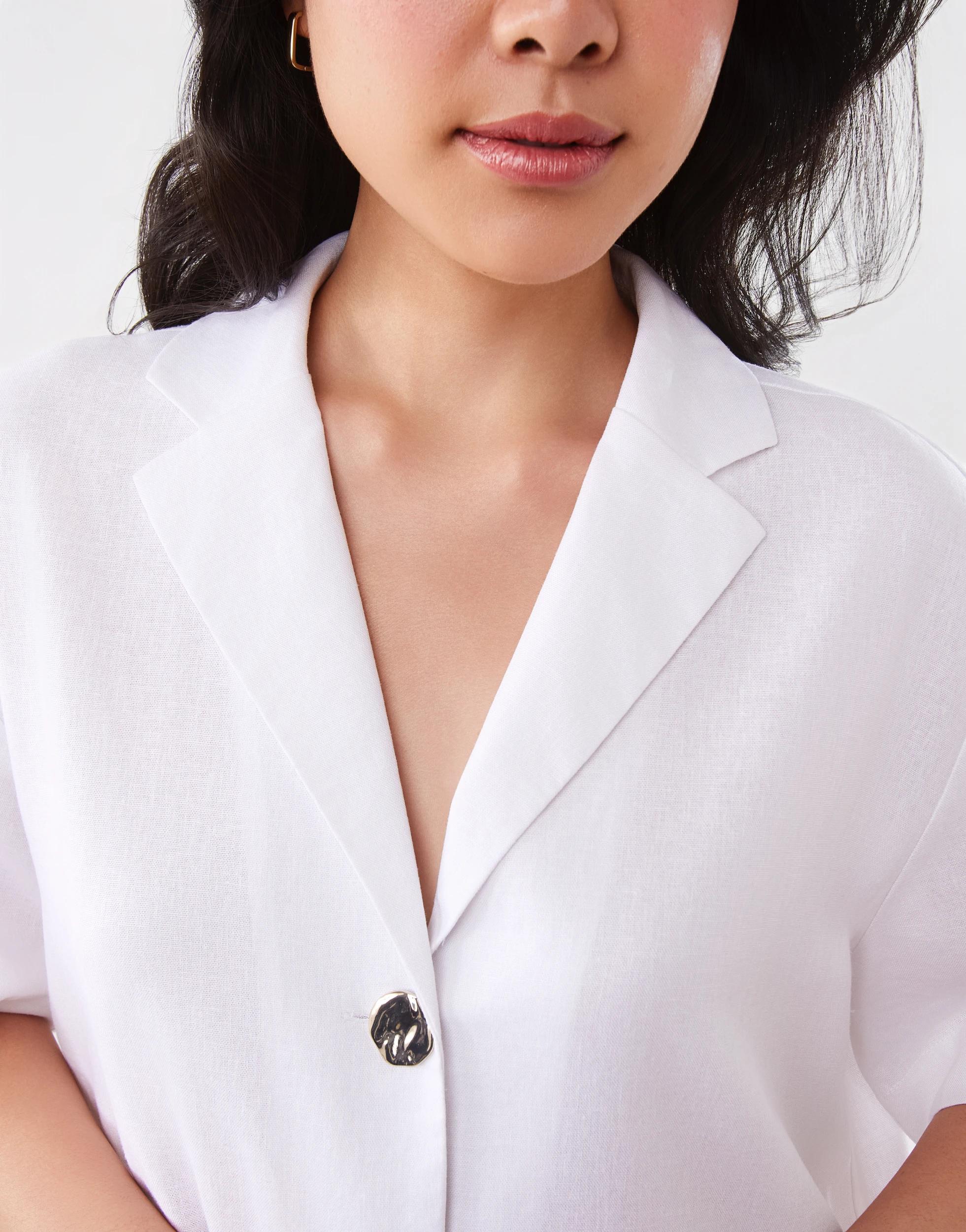 6 Short Sleeve Linen Blend Gold Button Top White, 6 of 10