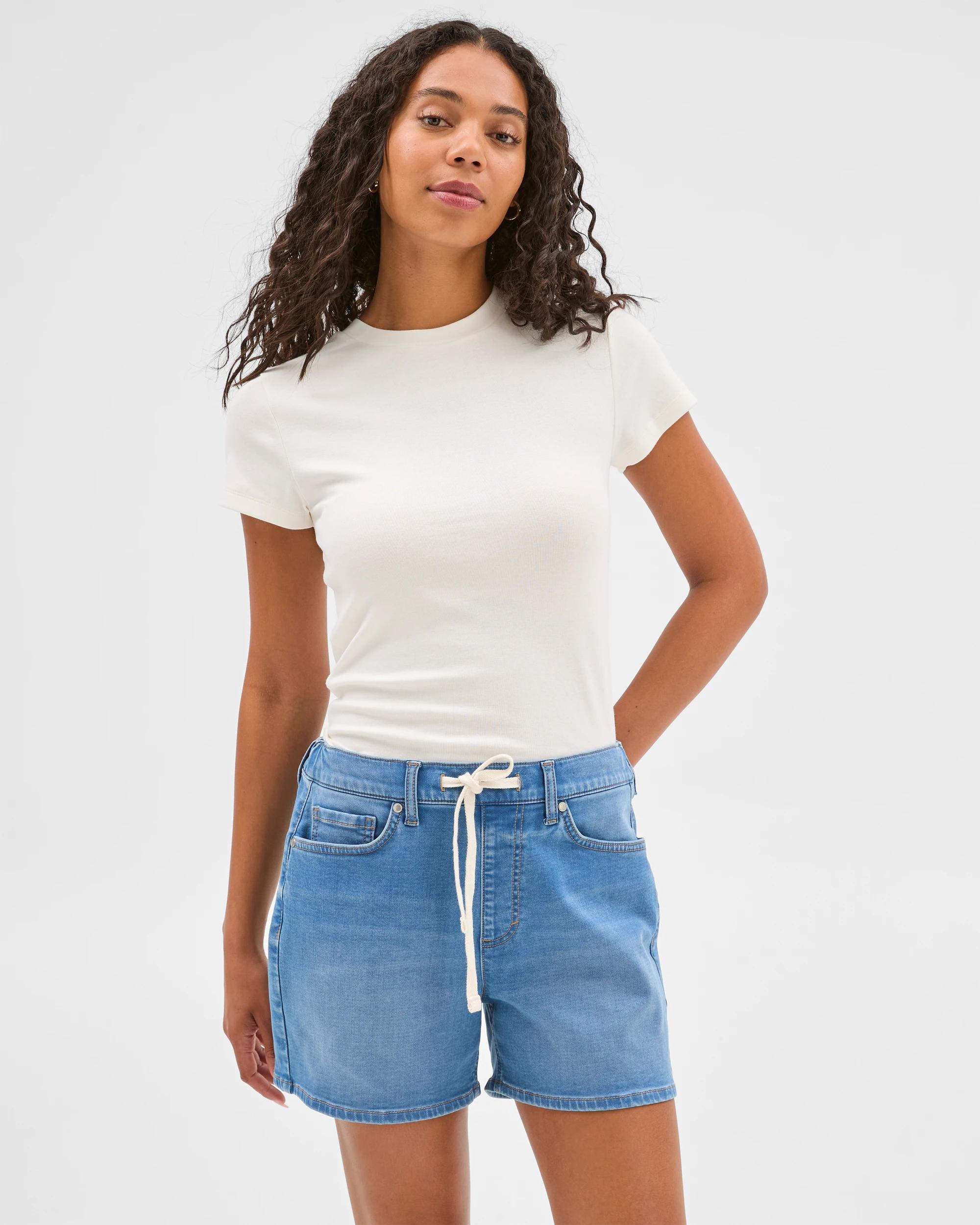 4 Target Tie Waist Knit Denim Shorts OLD SCHOOL BLUE, 4 of 6