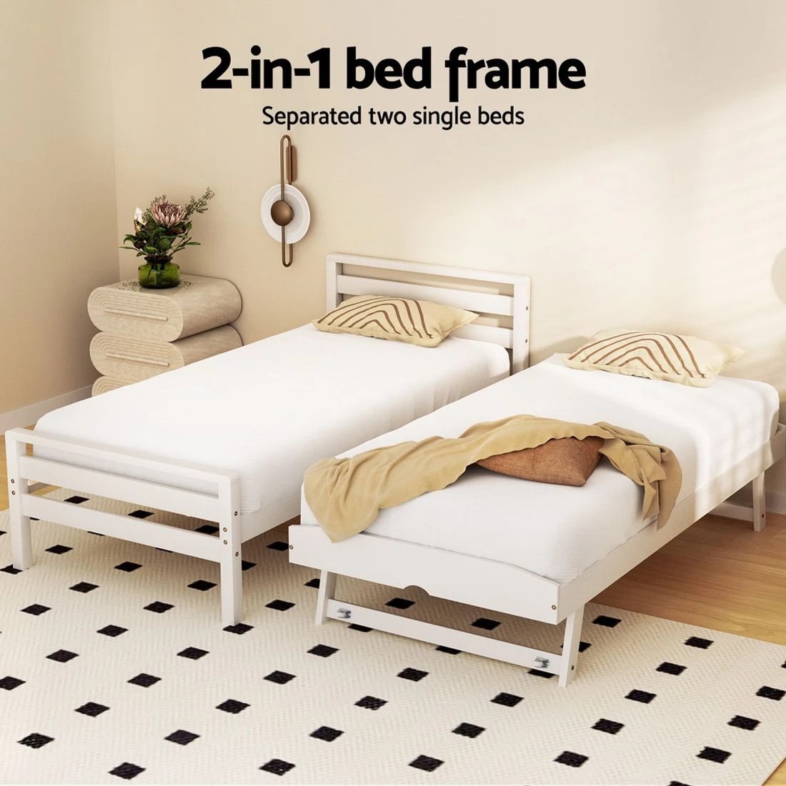 5 Artiss Bed Frame Single Size 2-in-1 Trundle Wooden  AVIS - White, 5 of 7