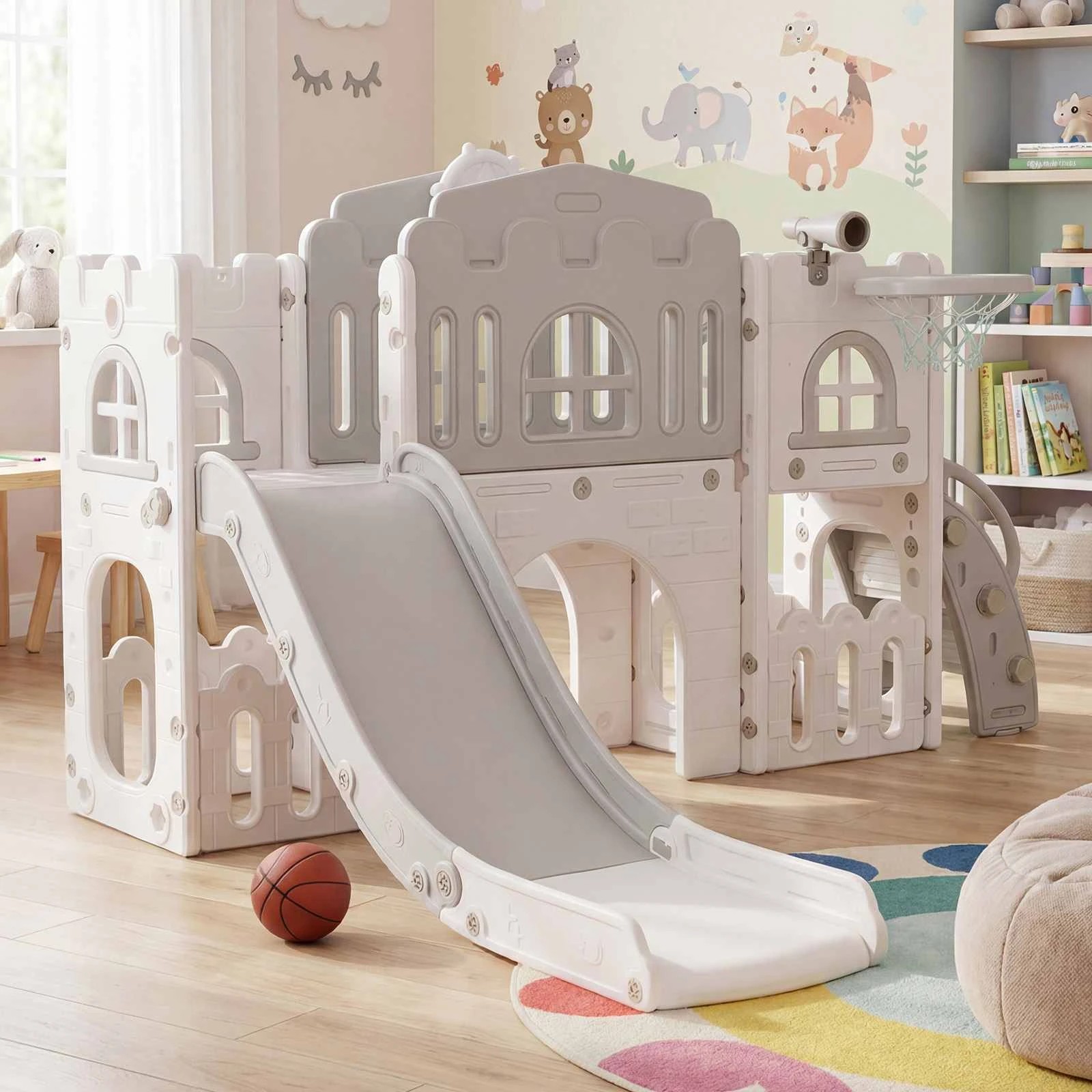 3 Costway Kids Slide Set Basketball Hoop Climber Playset Activity Center - Grey, 3 of 3