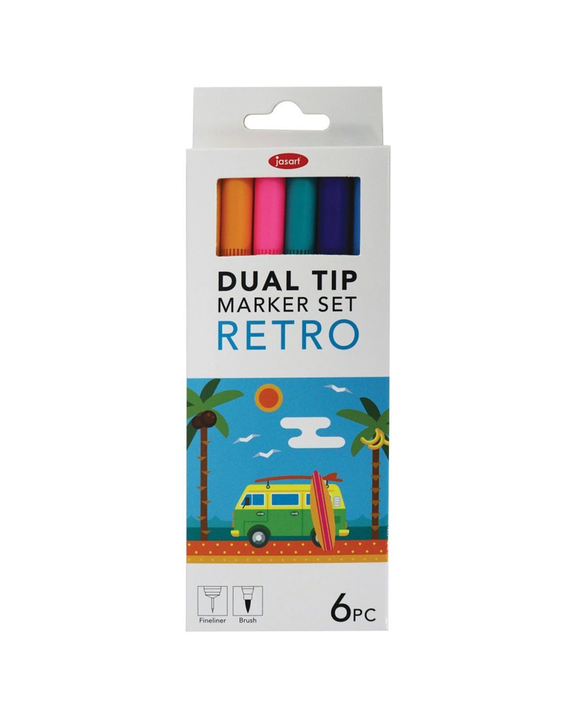 1 Jasart 6pc Dual Nib Brush Fineliner Pen Marker Set 0.4mm Retro - Multi, 1 of 3