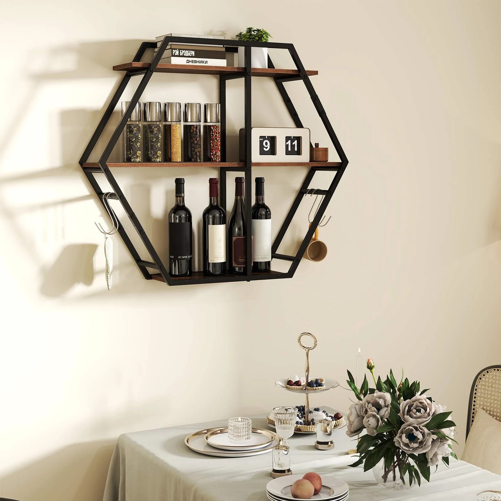 4 Costway Industrial Hexagon Shelves Wall Mounted Wooden Display Rack Hanging Shelves, 4 of 4