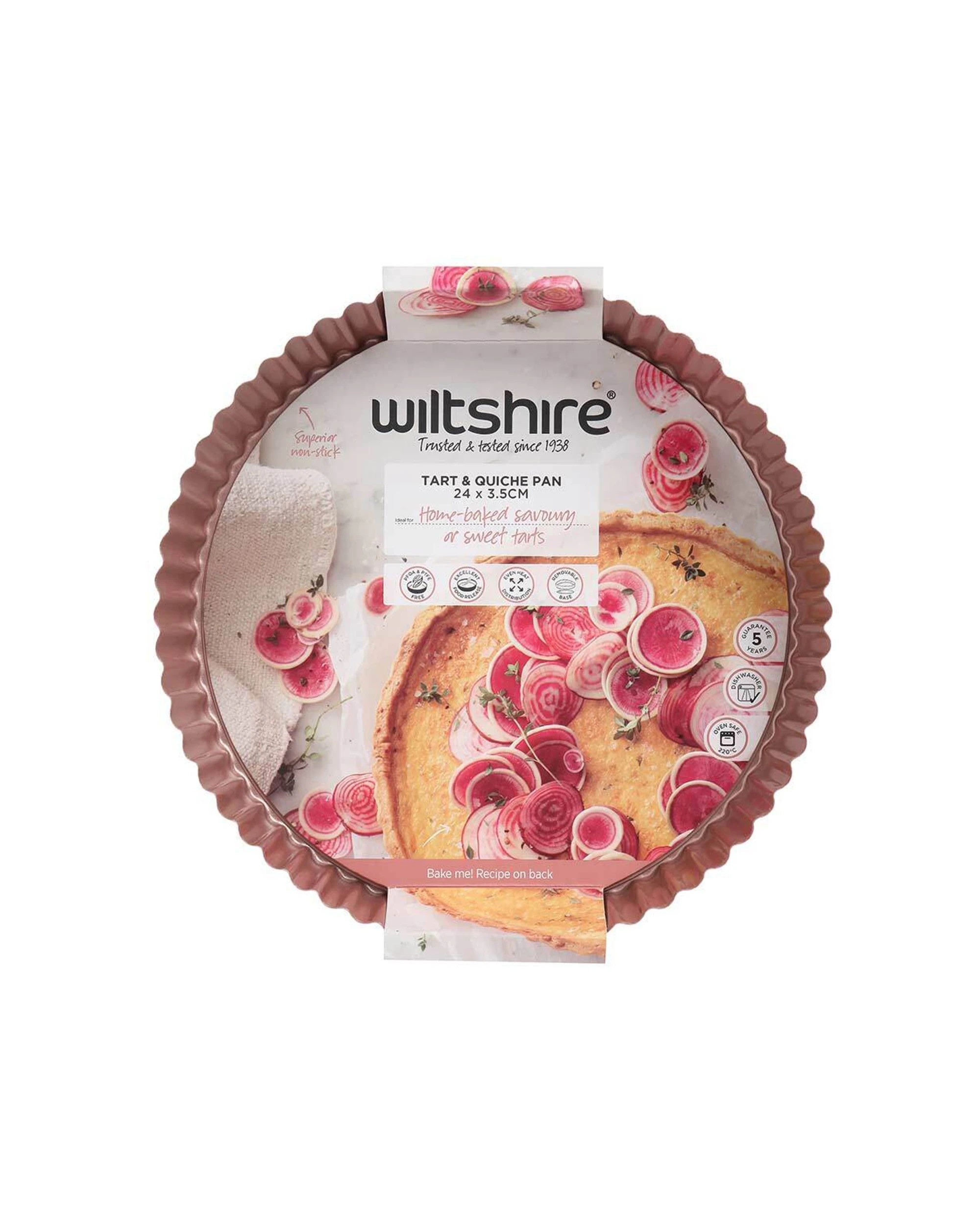 1 Wiltshire Non-Stick Quiche & Tart Pan Oven Safe Removable Base Embossed Measurements 24cm - Gold, 1 of 3