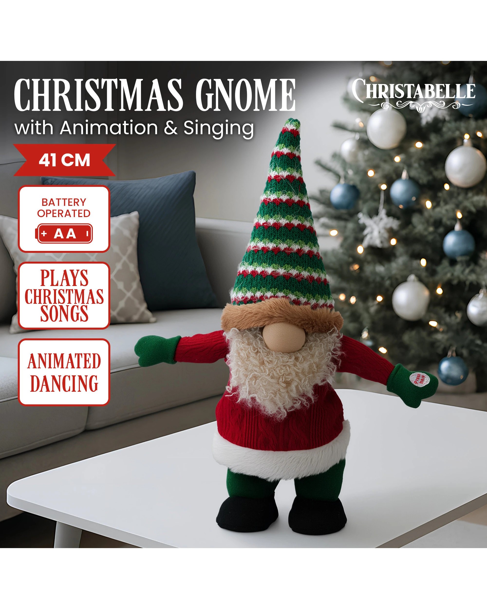 2 Christabelle 41cm Christmas Gnome Elf Dancing Musical Decoration Ornament Table Top Mantel Display With Music, 2 of 5